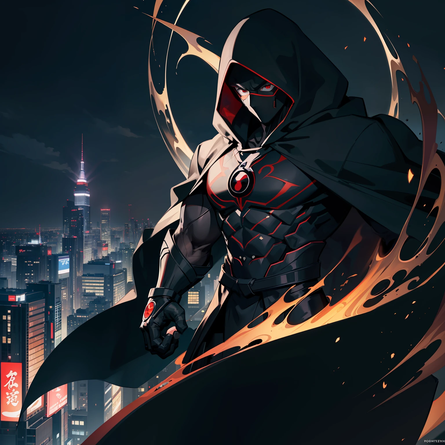 The highest quality, perfect masterpiece, perfect art, 8K, 1male, super hero, Japanese, long black cape, black hood, night, serious, cold, masked, red eyes, on top of a building, vigilant, trained physique, ninja style, black suit all over the body, agile, light silver armor, Tokyo
