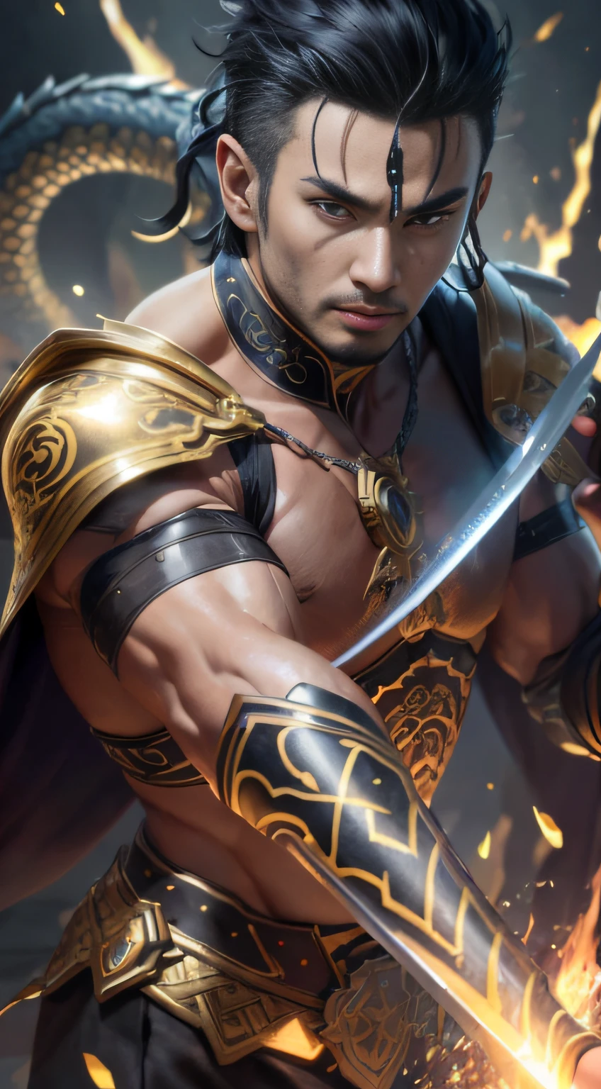 a closeup of a man holding a sword in a fire, male warrior, 4k detail fantasy, by Yang J, chengwei pan on artstation, ross tran 8k, fantasy art behance, extremely detailed artgerm, fantasy warrior, hyperdetailed fantasy character, epic fantasy digital art style, detailed artgerm, wlop and ross tran, hyper detailed dragon eyes