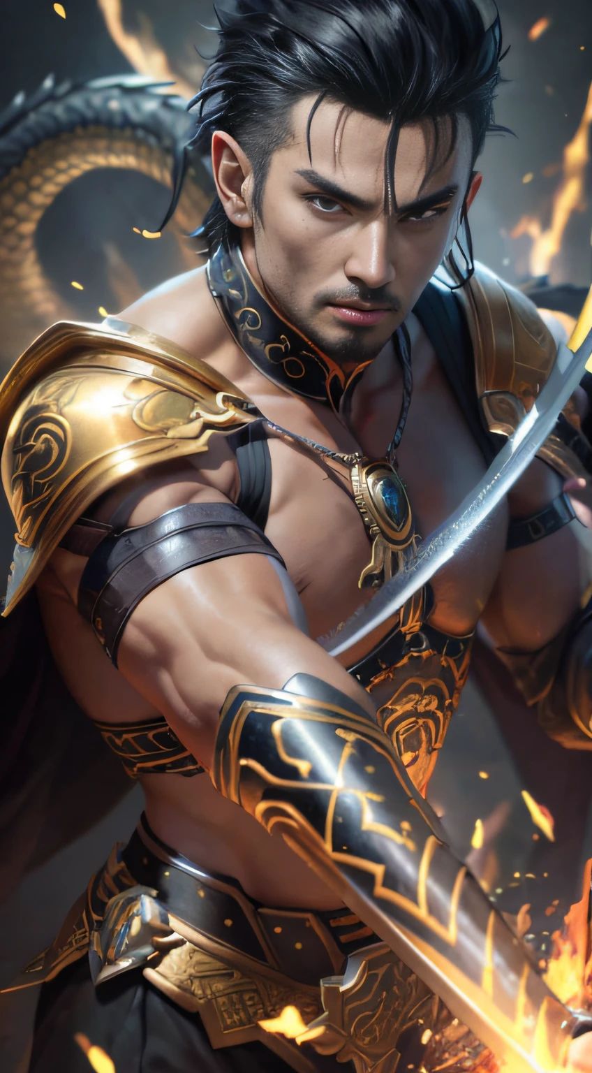 a closeup of a man holding a sword in a fire, male warrior, 4k detail fantasy, by Yang J, chengwei pan on artstation, ross tran 8k, fantasy art behance, extremely detailed artgerm, fantasy warrior, hyperdetailed fantasy character, epic fantasy digital art style, detailed artgerm, wlop and ross tran, hyper detailed dragon eyes