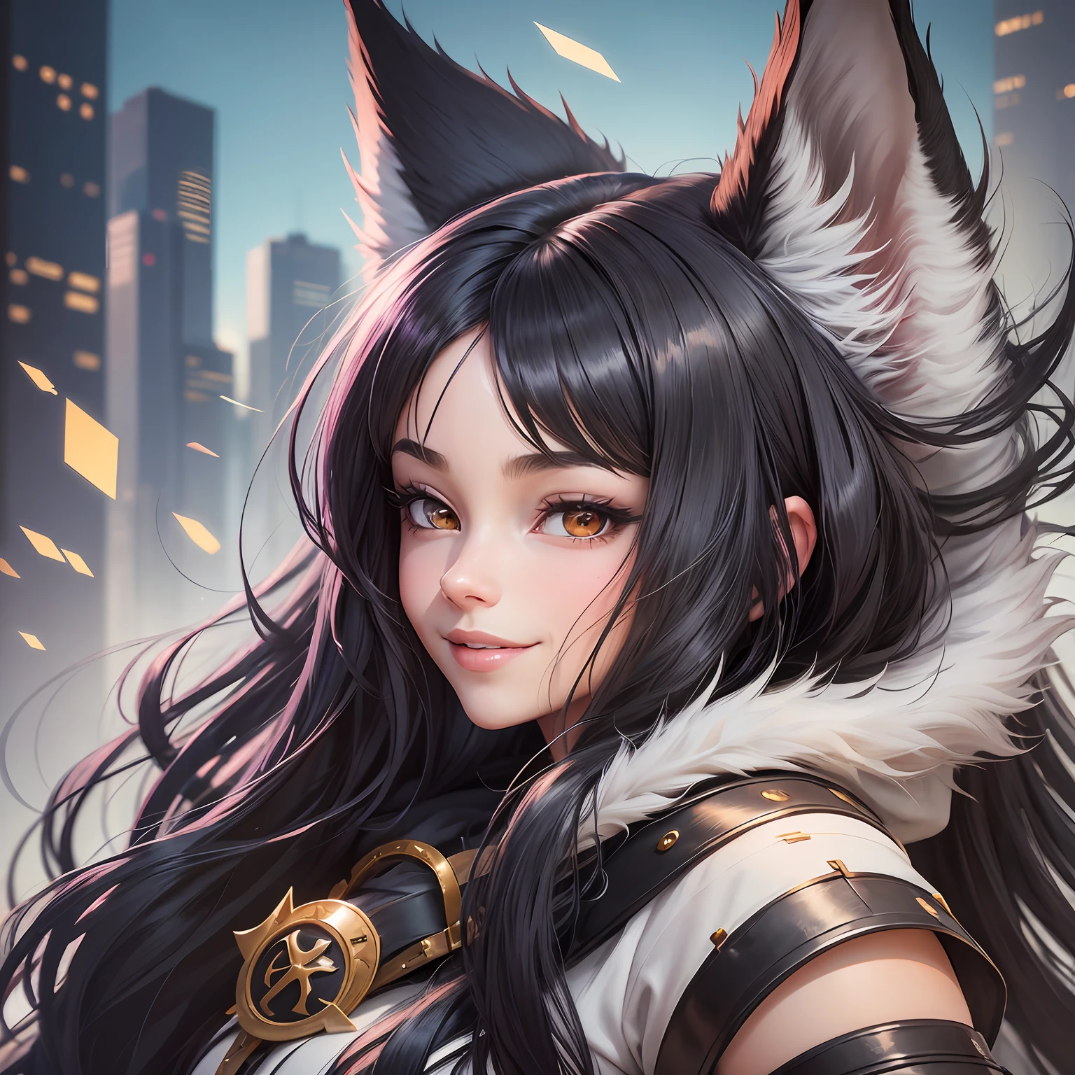 a closeup of a cartoon of a woman with wolf ears and tail, with wolf tail, with wolf ears, girl design, mara, portrait, giesha, anime image, long hair, black hair, smiling --auto --s2