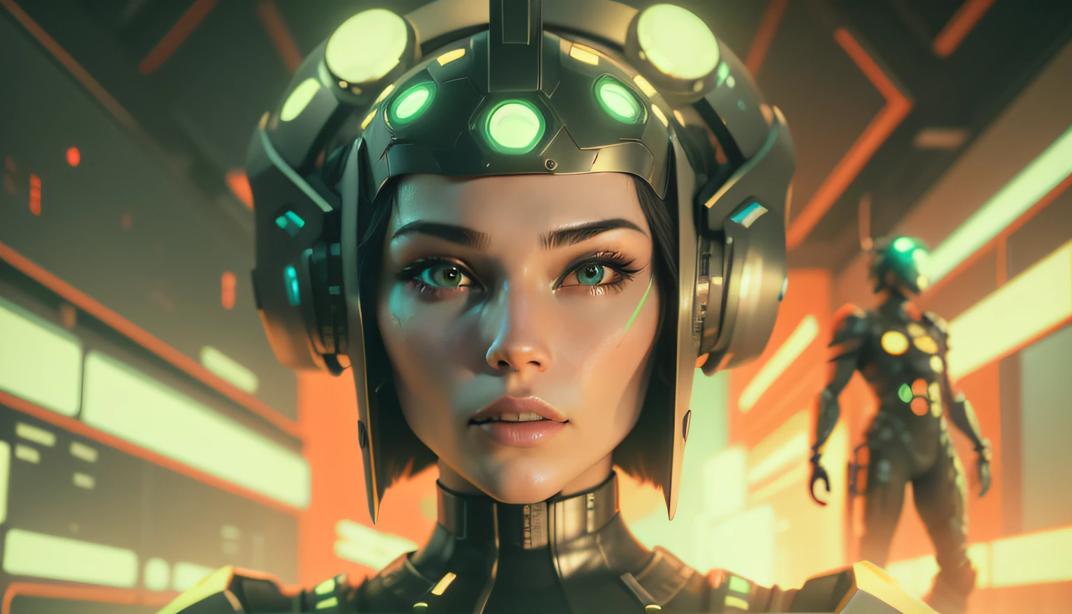 a close up of a person wearing a helmet, cyberpunk art by Kuno Veeber, zbrush central contest winner, retrofuturism, reimagined by industrial light and magic, sci-fi, unreal engine 5