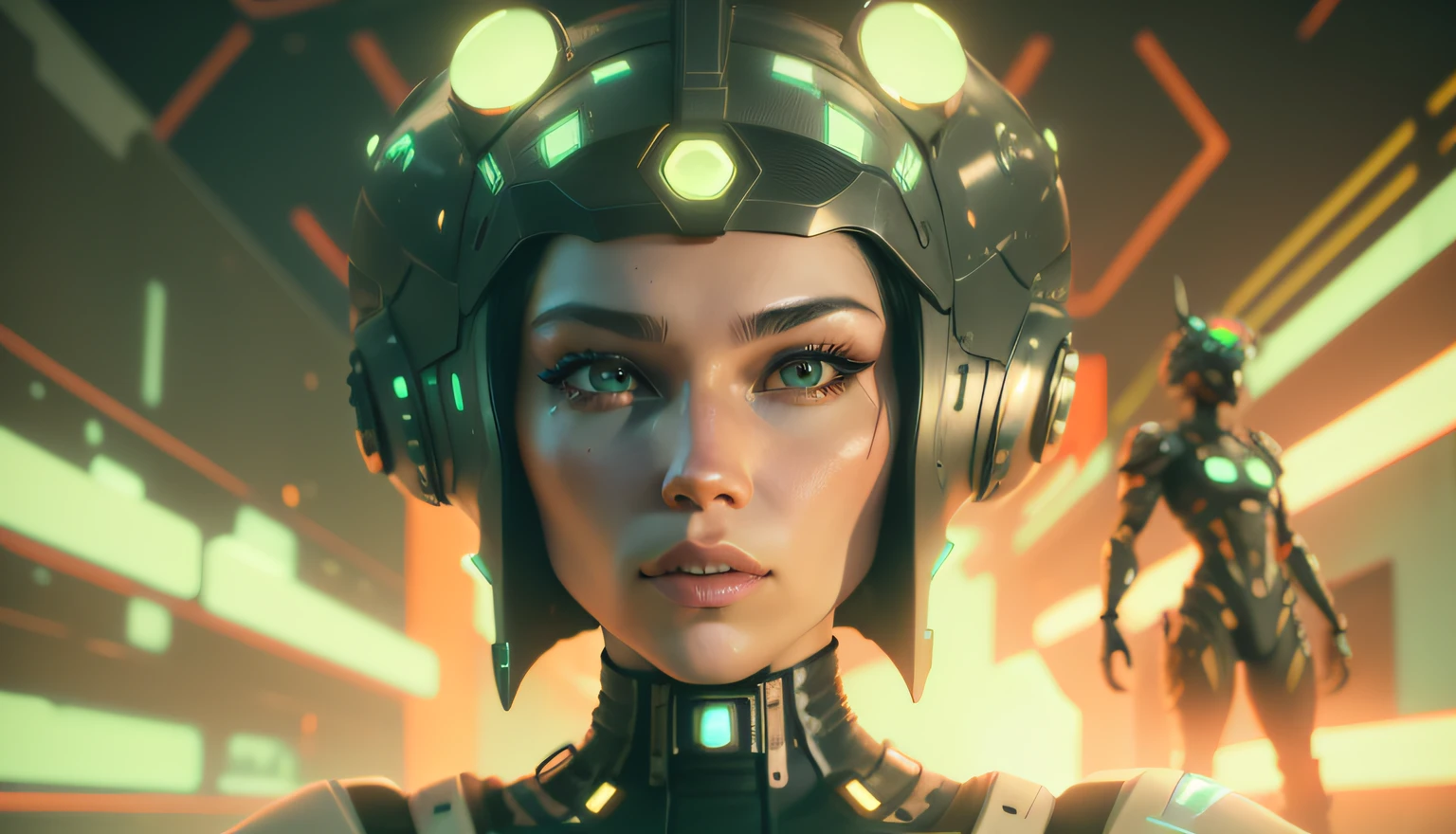 a close up of a person wearing a helmet, cyberpunk art by Kuno Veeber, zbrush central contest winner, retrofuturism, reimagined by industrial light and magic, sci-fi, unreal engine 5