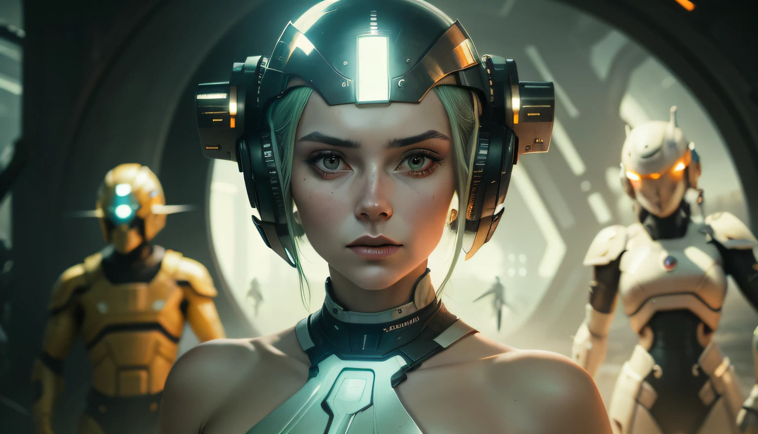 a woman wearing a helmet standing in front of a group of humanoids, a character portrait by Nína Tryggvadóttir, cgsociety, retrofuturism, reimagined by industrial light and magic, sci-fi, futuristic