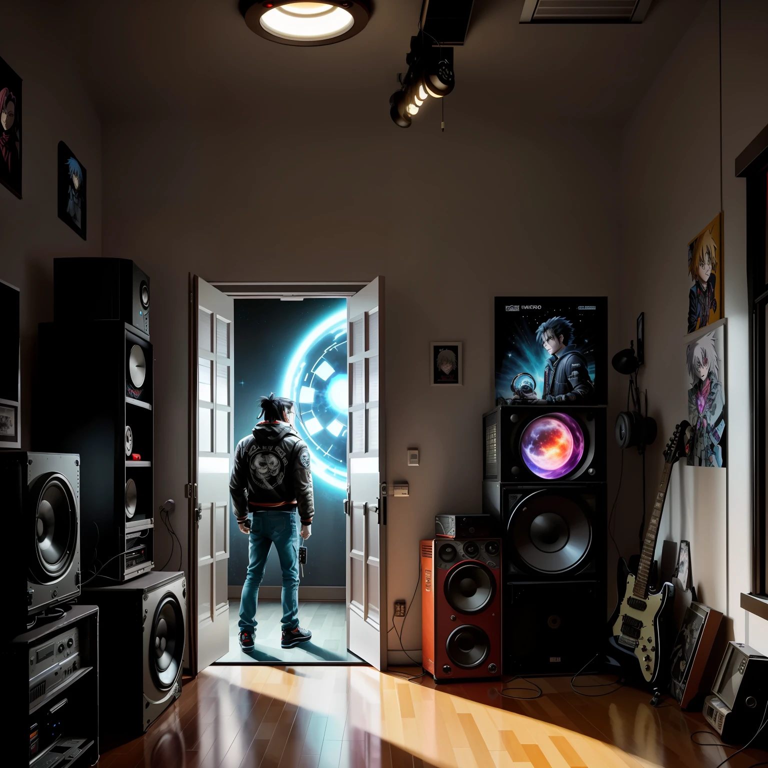 "Please generate an image in the style of anime artwork that depicts a dark room at night. The room has two windows, with one of them showing the planet Saturn. The room is messy, with an old television playing a classic anime, a vintage video game console with a character holding the controller, an old walkman with headphones around the neck, a rock poster of a fictional band, an electric guitar leaning against an old tube amplifier, a telescope pointed towards the sky, and various objects scattered on the floor, such as manga books, a plant, a school backpack with anime patches, a stack of anime soundtracks CDs, and a samurai sword propped against the wall.
In the center of the room, create a character with hair similar to Jimmy Sullivan from Avenged Sevenfold, but with a more animated and anime-style appearance. The character is wearing urban Japanese-style clothing, with a leather jacket and jeans, and has a tattooed body with symbols related to different anime. The character is standing, opening the door of the room, and the camera angle is rear view, positioned in the upper corner, capturing the entire room from top to bottom.
The door is half-open, and in the space where it is open, create a psychedelic portal in the style of Dan Mumford and Alex Grey's artwork, but with integrated anime elements, such as chibi-style characters flying through the portal."