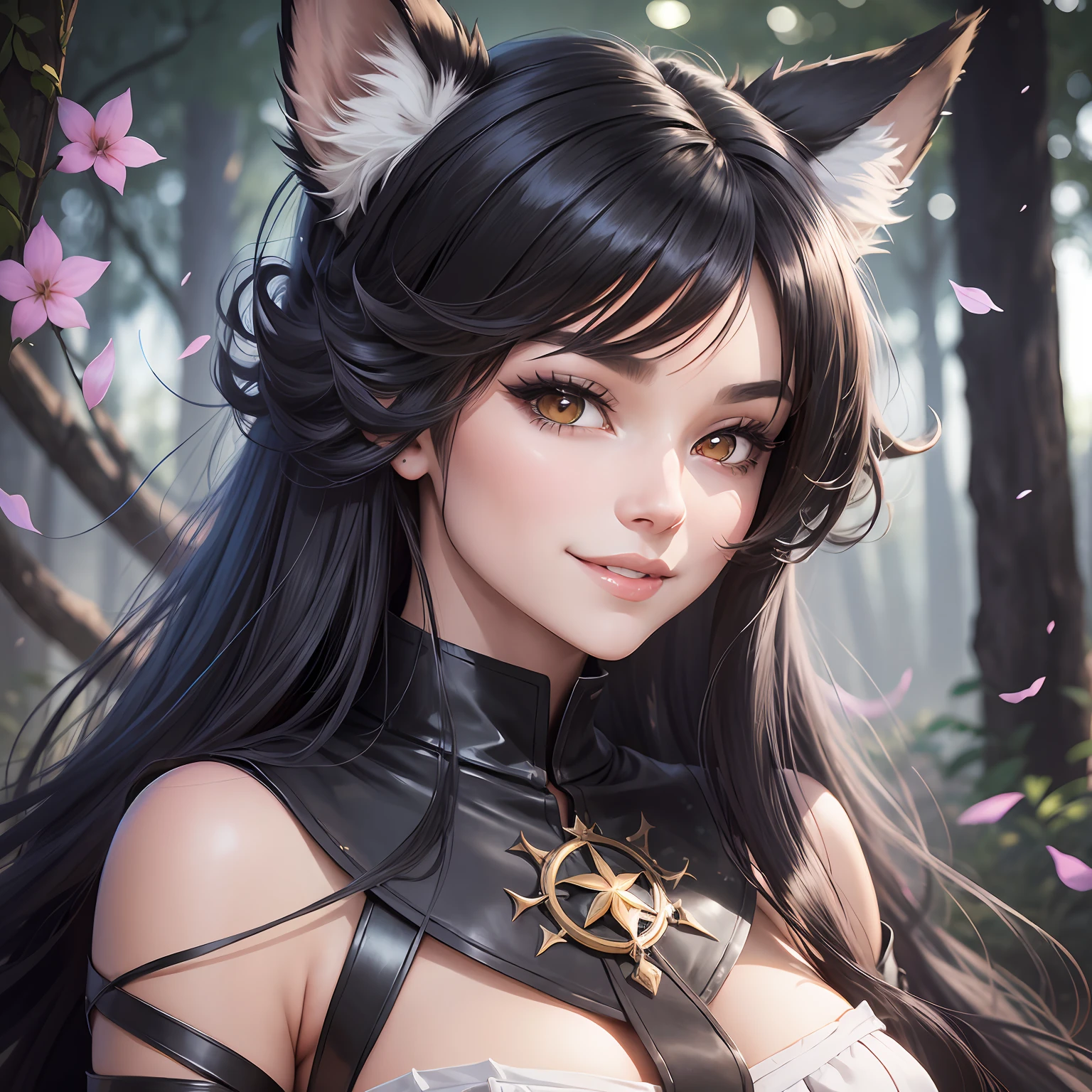 a closeup of a cartoon of a woman with wolf ears and tail, with wolf tail, with wolf ears, girl design, mara, portrait, giesha, anime image, long hair, black hair, smiling, exotic, tall --auto --s2
