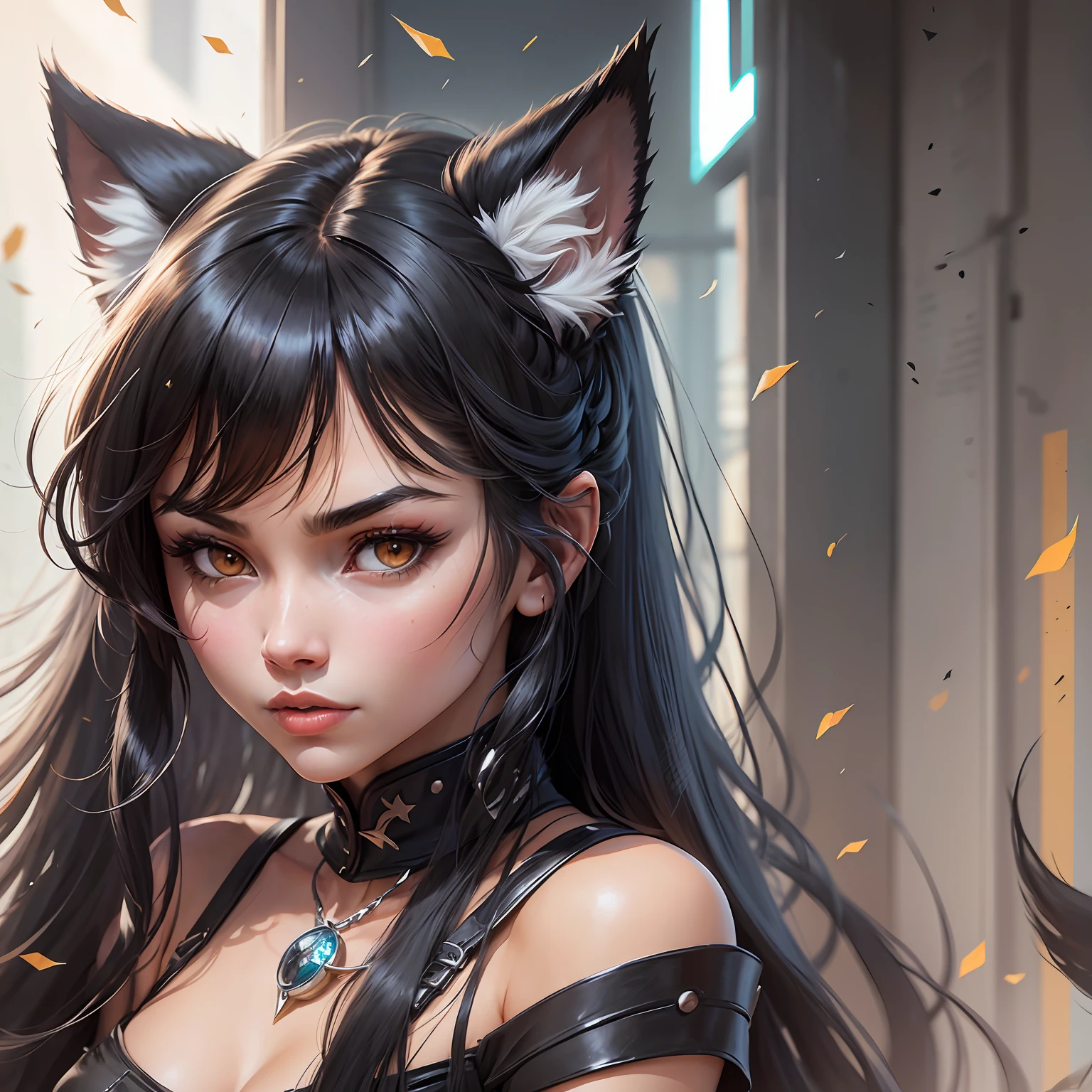 a closeup of a cartoon of a woman with wolf ears and tail, with wolf tail, with wolf ears, girl design, mara, portrait, giesha, anime image, long hair, black hair, serious, exotic, tall --auto --s2