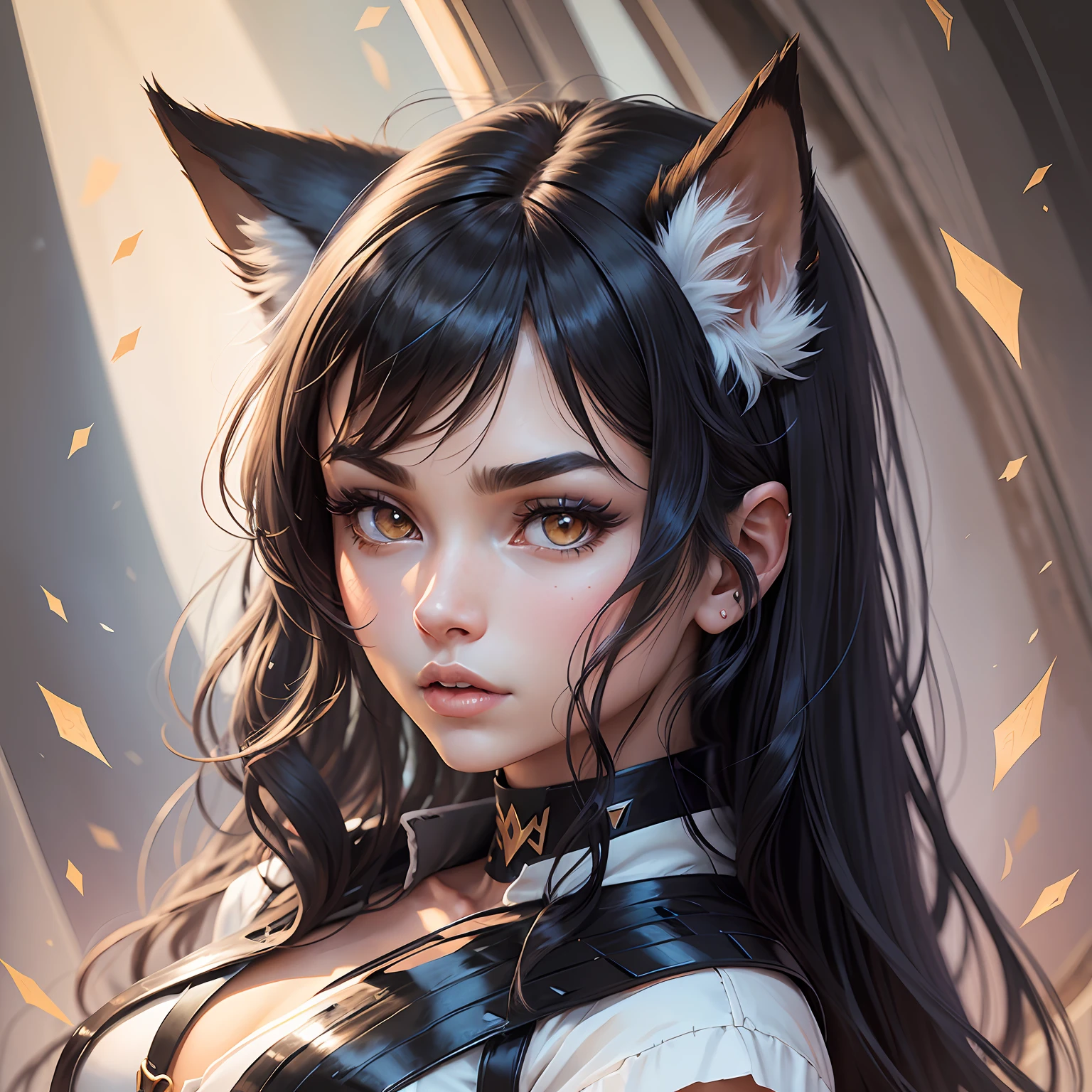 a closeup of a cartoon of a woman with wolf ears and tail, with wolf tail, with wolf ears, girl design, mara, portrait, giesha, anime image, long hair, black hair, serious, exotic, tall --auto --s2