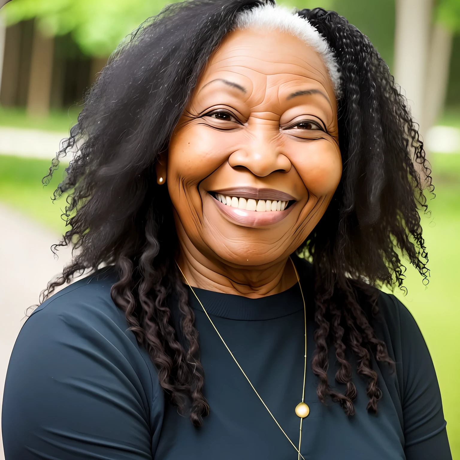 Portrait (50 year old woman 1.2) black lady, long black hair, chubby, smiling