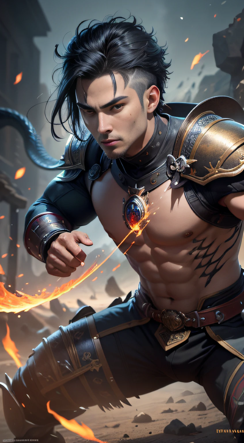 Young Warrior, man, short black hair shaved from the side, like night, mystical mark of light in the form of a Dragon on his forehead, aura of power all over his body, action scene, sword on fire. highly detailed eyes, golden light effects, dragon scale armor, dilated pupils, snake pupils, amber eyes, Eye-Level Shot, modern, cinematic lighting, ray tracing, diffraction spikes, Hasselblad, UHD, masterpiece, super detail, best quality, 1080P, 8k