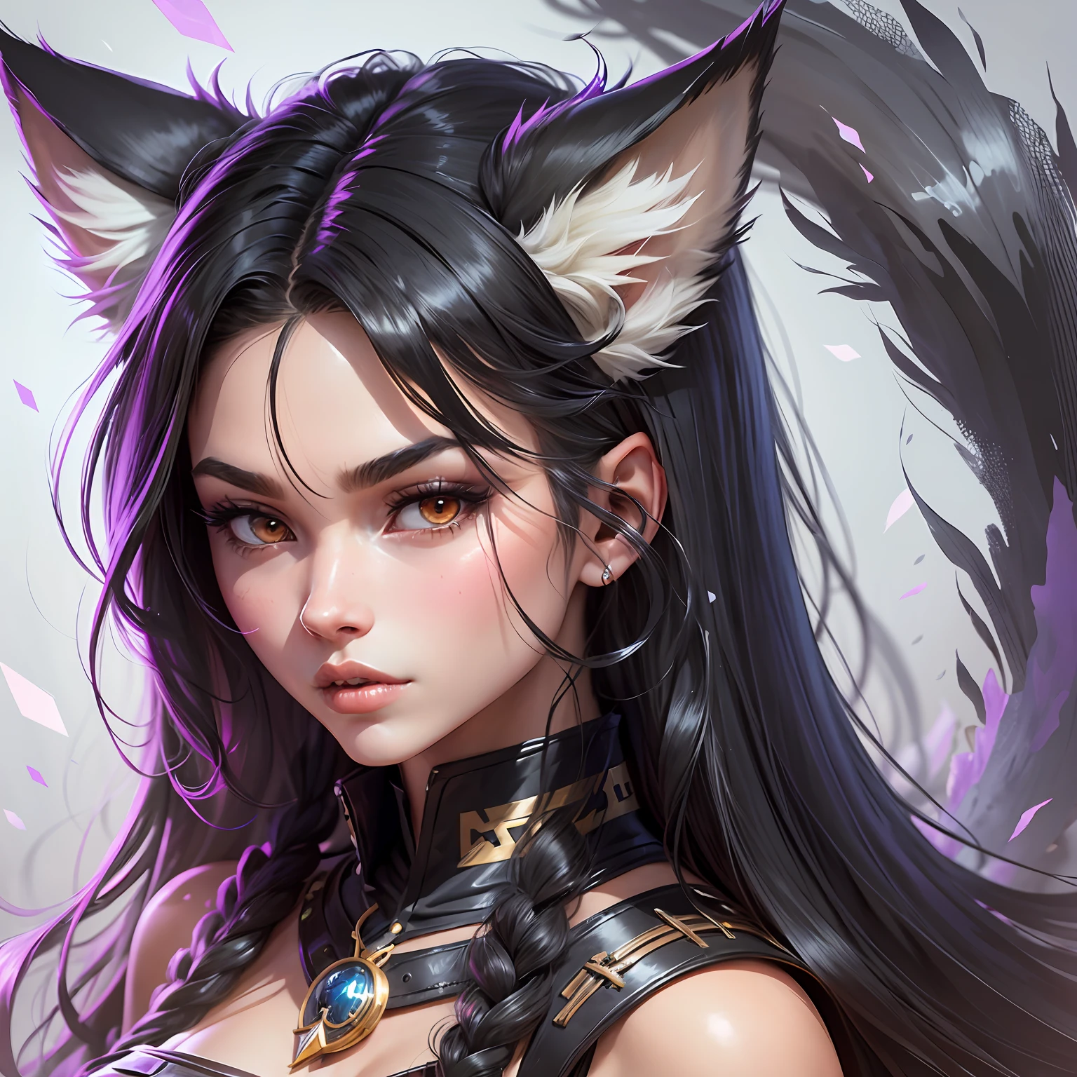 a closeup of a cartoon of a woman with wolf ears and tail, with wolf tail, with wolf ears, girl design, mara, portrait, giesha, anime image, long hair, black hair, serious, strong, exotic, tall --auto --s2