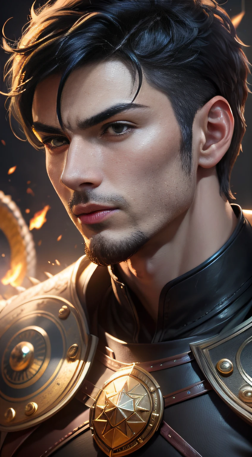 Young Warrior, man, short black hair shaved from the side, like night, mystical mark of light in the form of a Dragon on his forehead, aura of power all over his body, action scene, sword on fire. highly detailed eyes, golden light effects, dragon scale armor, dilated pupils, snake pupils, amber eyes, Eye-Level Shot, modern, cinematic lighting, ray tracing, diffraction spikes, Hasselblad, UHD, masterpiece, super detail, best quality, 1080P, 8k