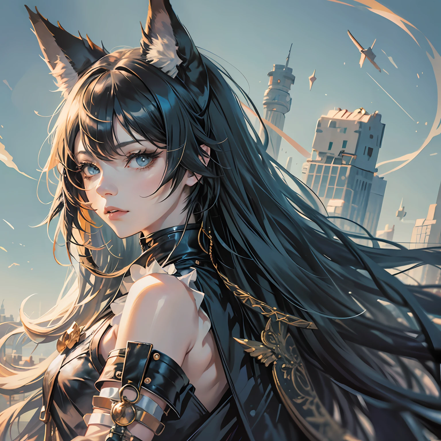 anime style, a closeup of a cartoon of a woman with wolf ears and tail, with wolf tail, with wolf ears, girl design, mara, portrait, giesha, anime image, long hair, black hair, serious, exotic, tall --auto --s2