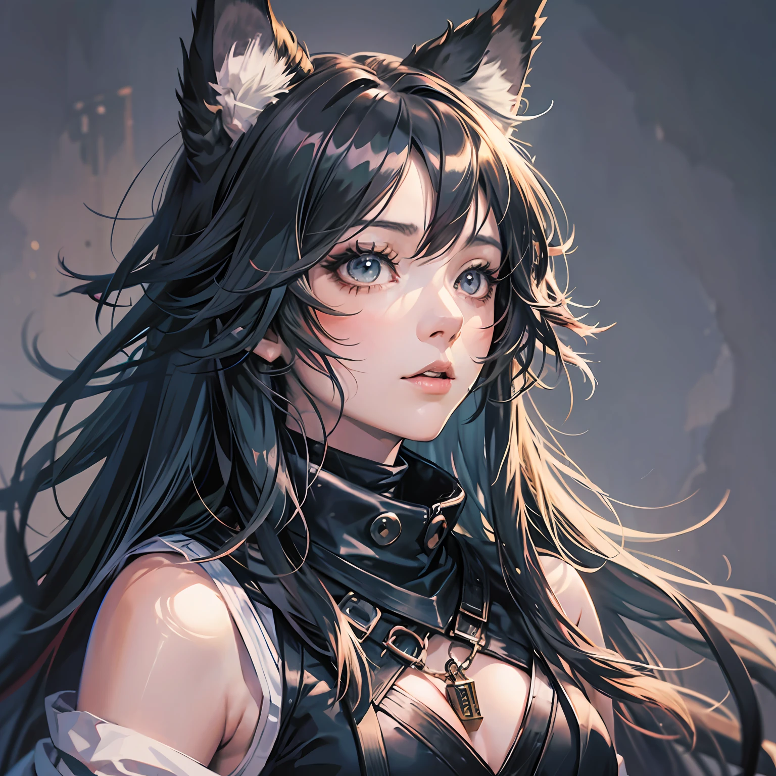 anime style, a closeup of a cartoon of a woman with wolf ears and tail, with wolf tail, with wolf ears, girl design, mara, portrait, giesha, anime image, long hair, black hair, serious, exotic, tall --auto --s2