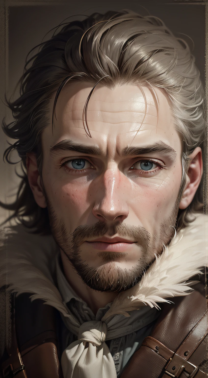 ((best quality), (masterpiece), (detailed)), A portrait of the fearless English explorer John White in the style of John White, showing the realistic movement. The composition captures White's confident demeanor and adventurous spirit. His rough features are meticulously rendered, highlighting the intensity in his eyes and the determination in his face. The lighting accentuates the play of shadows and highlights, adding depth and dimension to the portrait. The background could depict a subtle landscape that suggested the vast uncharted territories White ventured into. The overall atmosphere is one of authenticity and meticulous attention to detail, reminiscent of John White's artistic style. The camera angle for this photo would be a slightly tilted three-quarter view, capturing White's profile and emphasizing his strong presence.