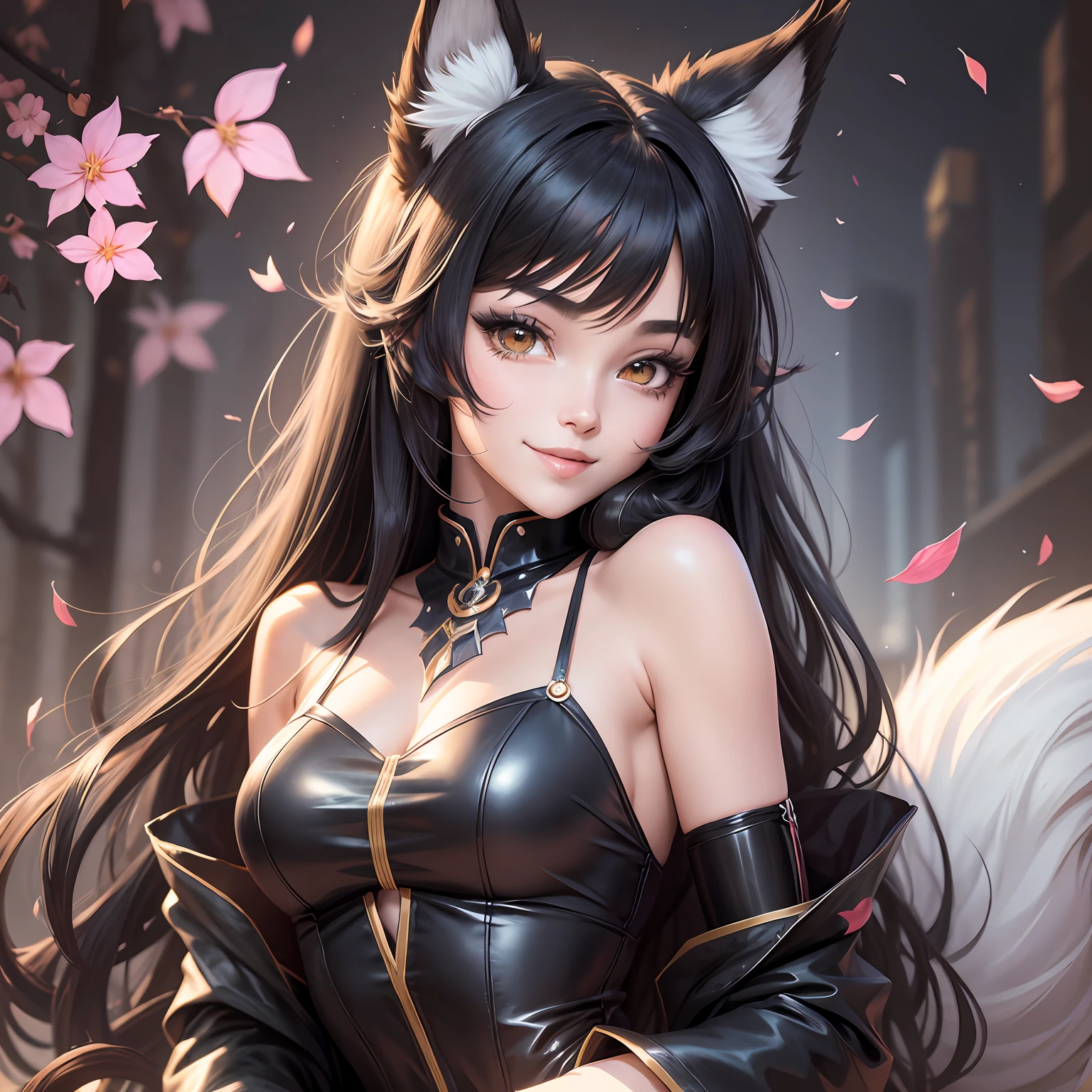 anime style, a closeup of a cartoon of a woman with wolf ears and tail, with wolf tail, with wolf ears, girl design, mara, portrait, giesha, anime image, long hair, black hair, smiling, exotic, tall --auto --s2