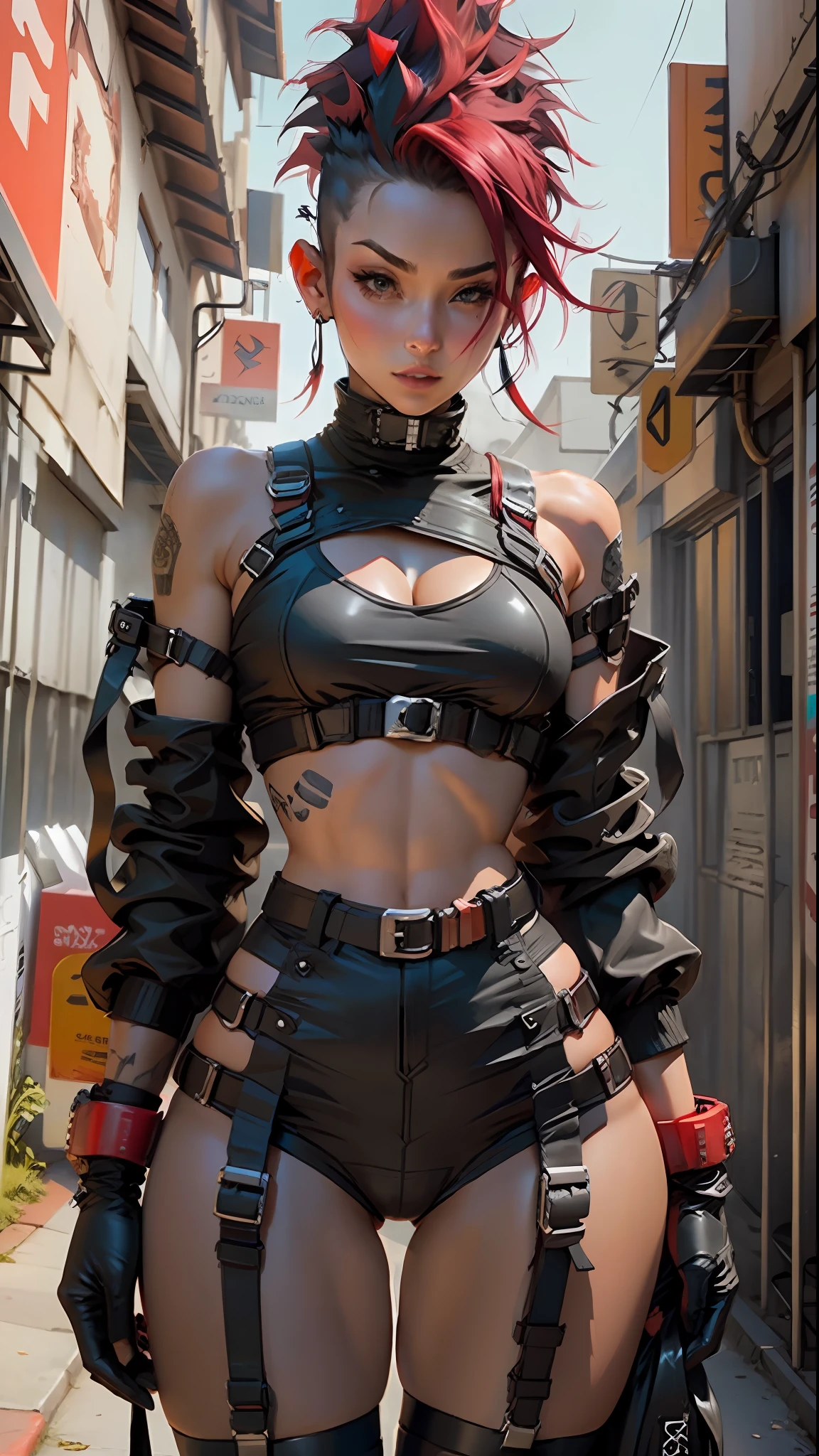 Woman body defined thick thighs parts of the covered by technological clothing, perfect breasts, generous neckline, black and red mohawk hair, short underwear, garter belt