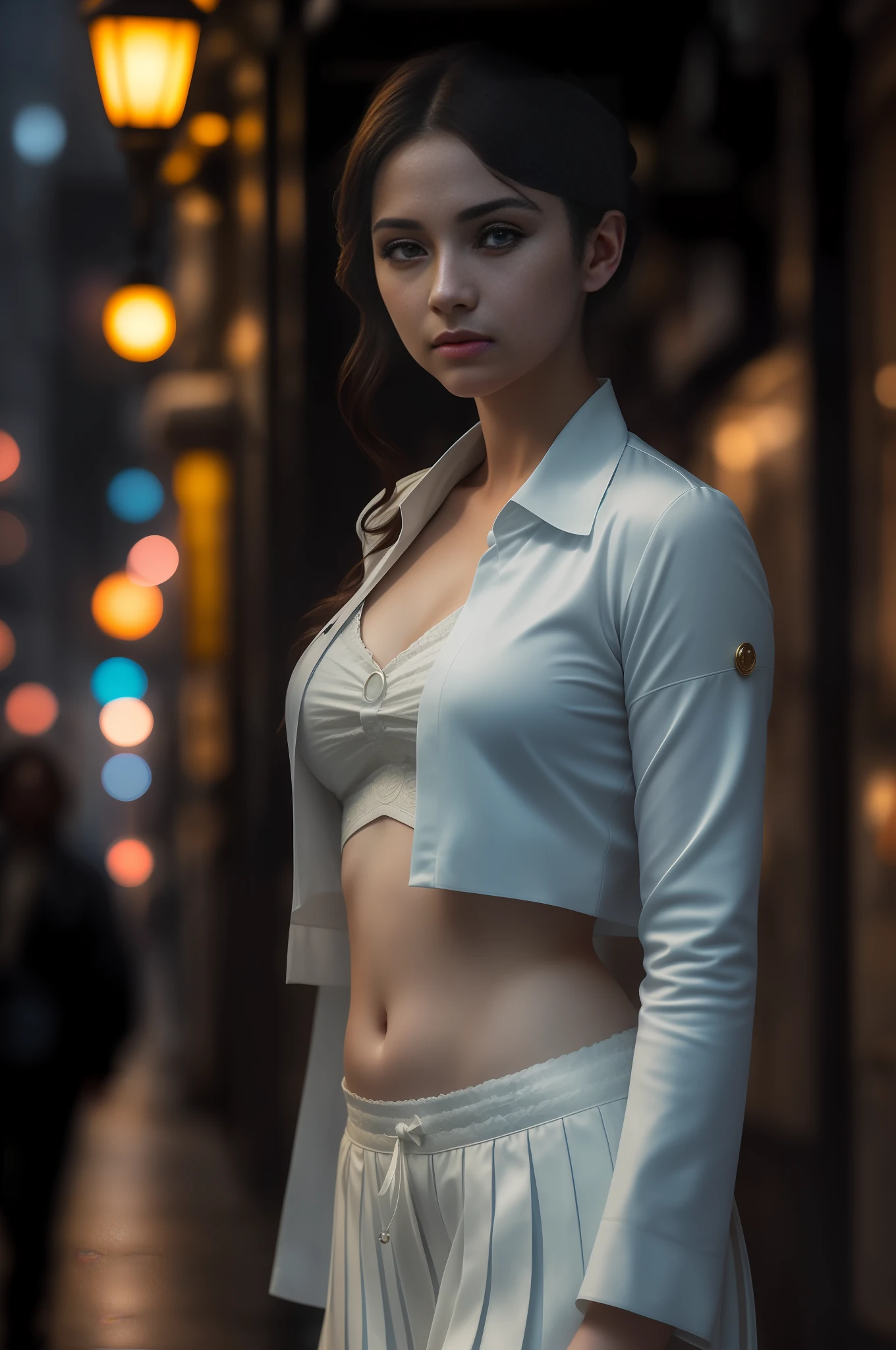 A beautiful girl wearing sailor suit on the bustling streets of Gintama, surrounded by vendors, beautiful portrait of a stunning goddess girl, beautiful detailed face, porcelain skin,(princess eyes,round pupils,shiny pupils,blue pupils:1.3,night,navel:1.1,street lamps,neons,strong neon lighting), (half body shot), centered, ultra soft lighting, symmetry, intricate, elegant, highly detailed, photorealistic, artstation, concept art, smooth, as imagined by greg rutkowski, 4k textures, soft cinematic light, adobe lightroom, photolab, hdr, intricate, highly detailed, ray traced, photorealistic, fine details, subsurface scattering, key light, backlight, sharp focus, soothing tones, low contrast, exposure blend