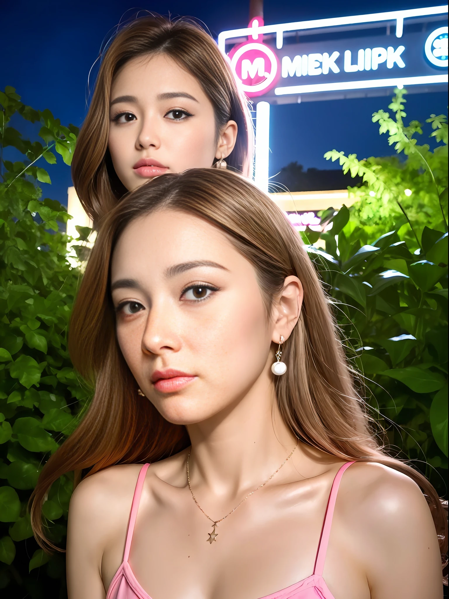 8K, RAW photos. Top quality, high quality, extreme detail photos, extreme detail eyes, super detail face, super detail hair, (photography lighting: 1.3), professional photography, 1girl, cute Japan woman, puffy eyes, big eyes, good shape eyes. brown eyes, gorgeous hair, caramel hair color, hairy hair, good lips, small lips, pink lips, (medium breasts: 1.4), good breasts, natural makeup, full body, attractive pose, smart watch, necklace, earrings, white bikini, garden, rain, neon sign, people in the background