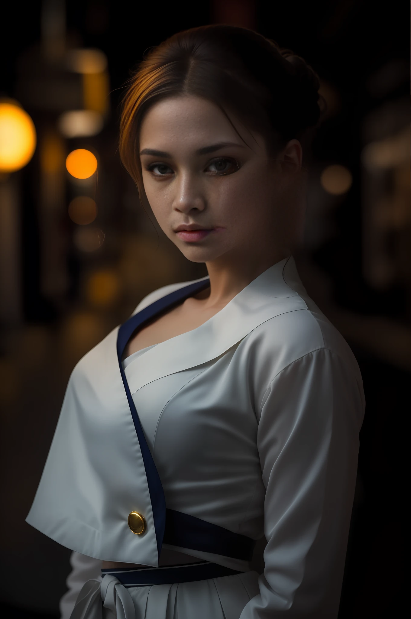 A beautiful girl wearing sailor suit on the bustling streets of Gintama, surrounded by vendors, beautiful portrait of a stunning goddess girl, beautiful detailed face, porcelain skin,(princess eyes,round pupils,shiny pupils,blue pupils:1.3,night,navel:1.1,street lamps,neons,strong neon lighting), (half body shot), centered, ultra soft lighting, symmetry, intricate, elegant, highly detailed, photorealistic, artstation, concept art, smooth, as imagined by greg rutkowski, 4k textures, soft cinematic light, adobe lightroom, photolab, hdr, intricate, highly detailed, ray traced, photorealistic, fine details, subsurface scattering, key light, backlight, sharp focus, soothing tones, low contrast, exposure blend