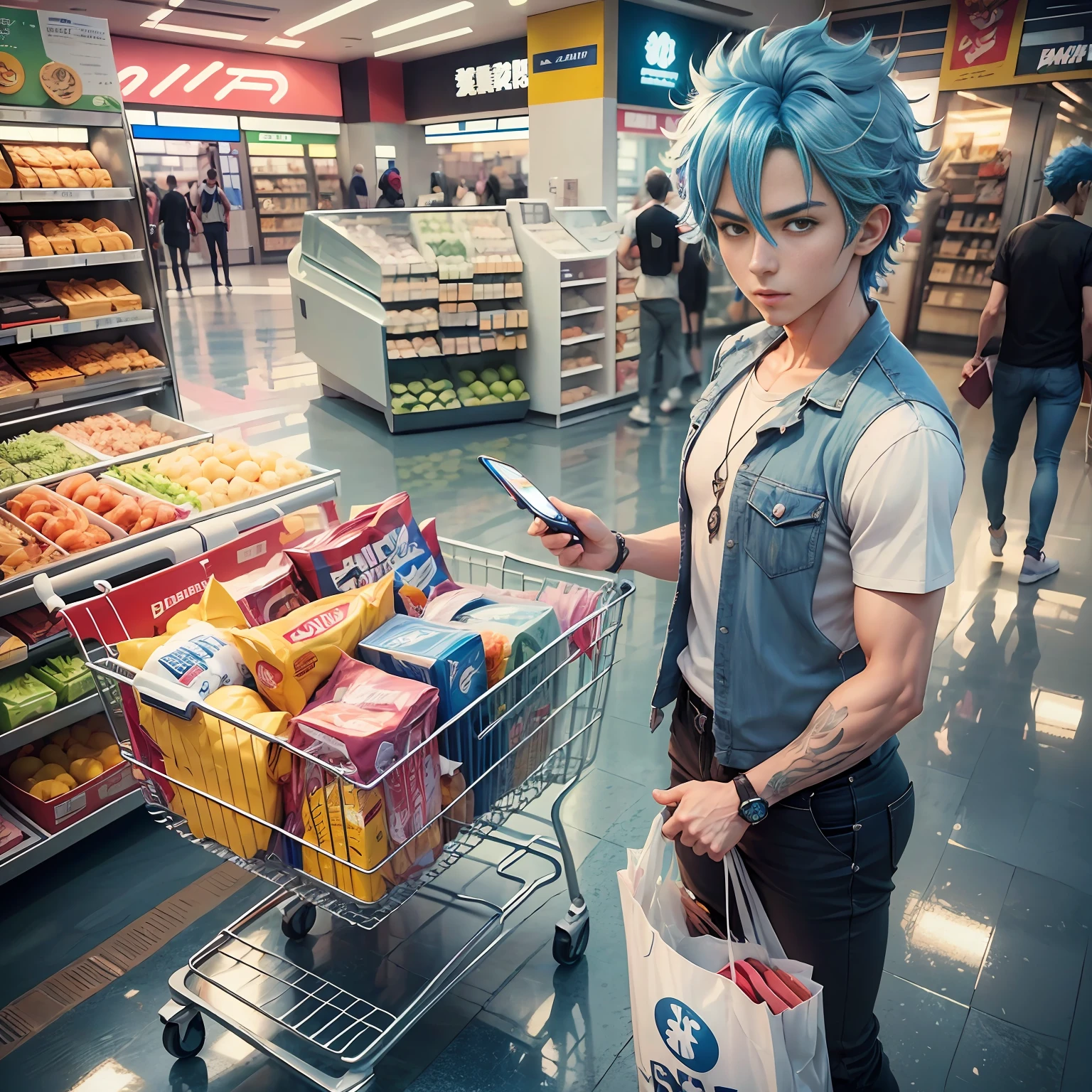 arafed man with sorizo with credit card in hand blue hair and a white shirt next to a shopping cart, appearing in a shopping mall, as an anime character, tall anime face with blue eyes, falls xukun, receiving groceries, realistic anime style 3 d, young anime man, by Shitao, male anime character,  Anime Style 2 D, CG Art Smooth Anime --auto --s2