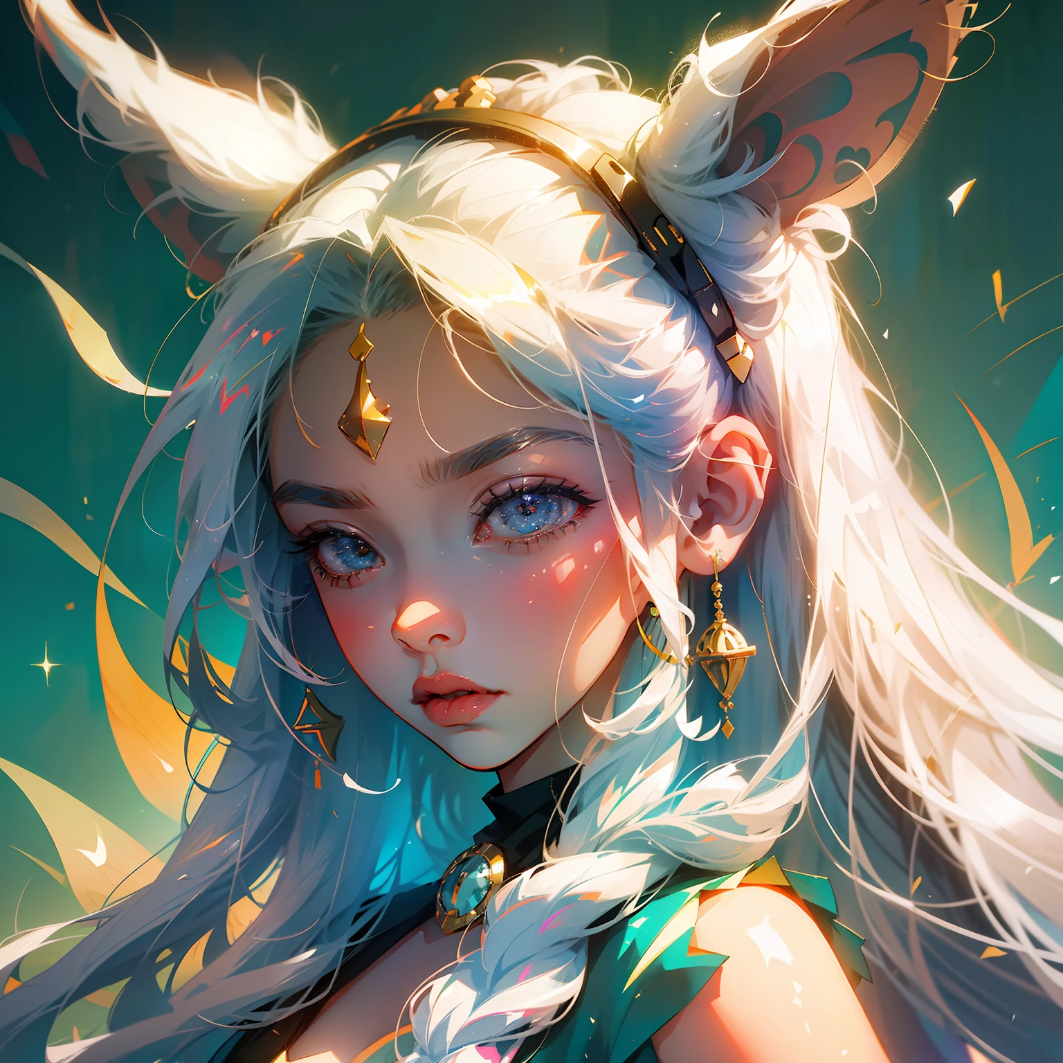 anime style, a closeup of a cartoon of a woman with ears and rabbit tail, with rabbit tail, with rabbit ears, girl design, mara, portrait, giesha, anime image, long hair, white hair, hair covering ears, serious, exotic, tall --auto --s2