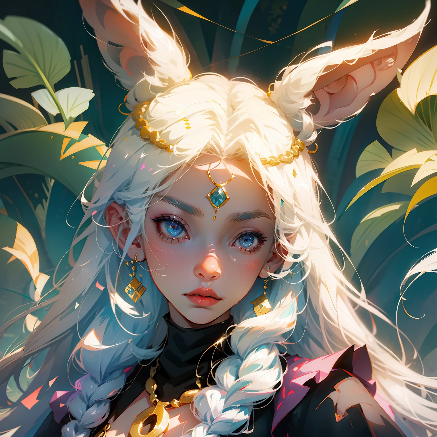 anime style, a closeup of a cartoon of a woman with ears and rabbit tail, with rabbit tail, with rabbit ears, girl design, mara, portrait, giesha, anime image, long hair, white hair, hair covering ears, serious, exotic, tall --auto --s2