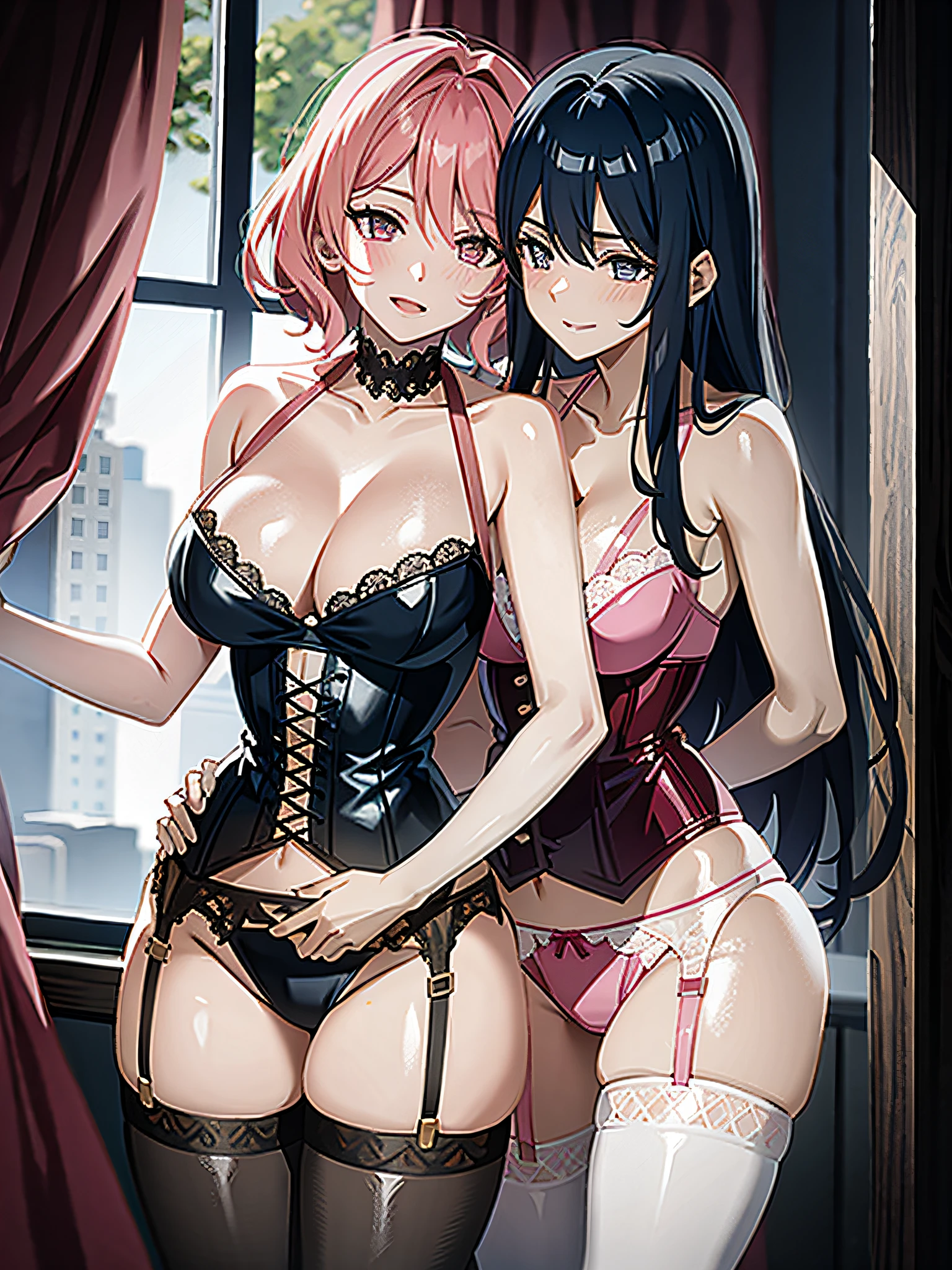 2 women in corset and garter belt, hugging each other from behind, pink lingerie