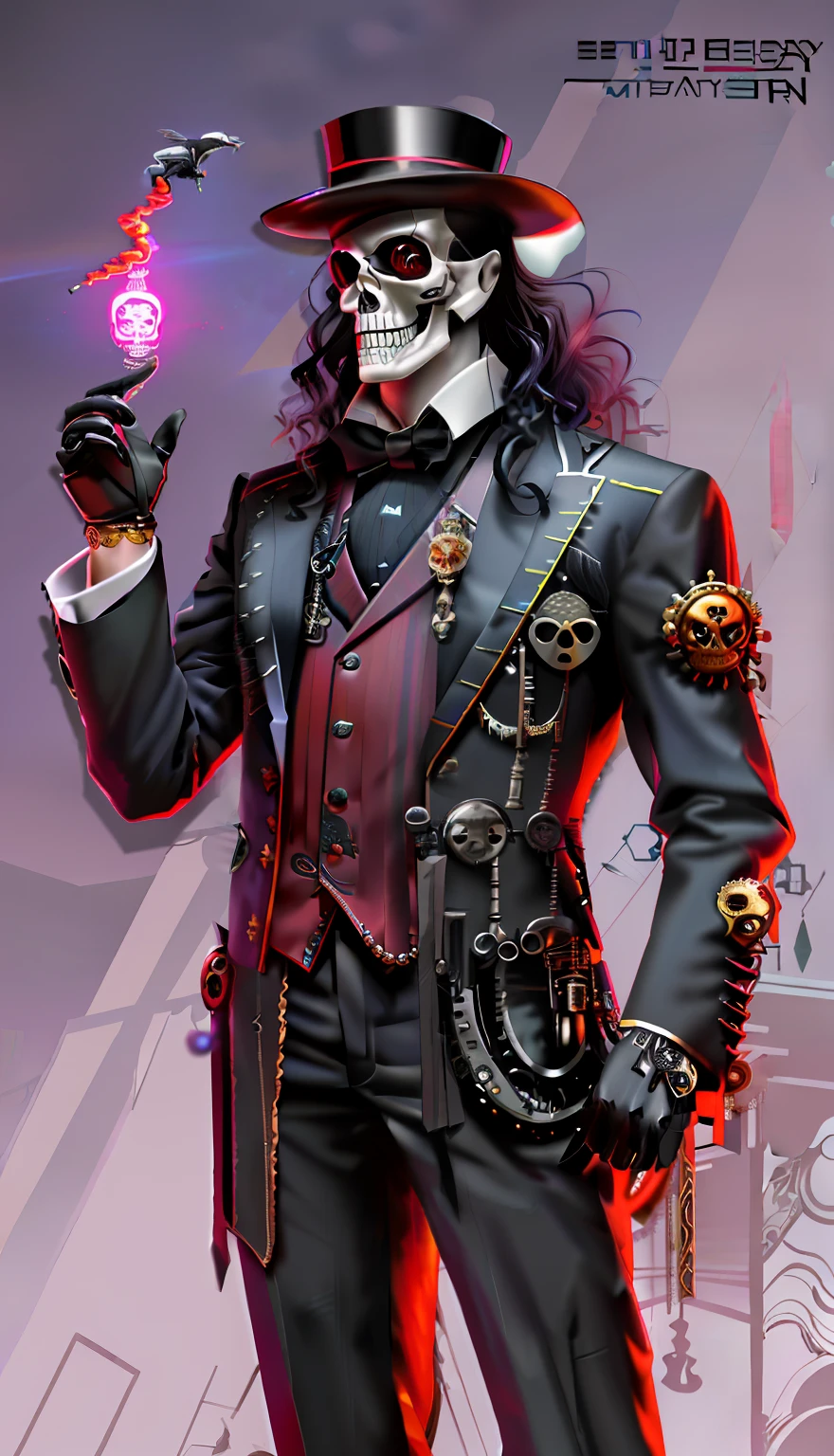 ultra detailed, beautiful and aesthetic, masterpiece, best quality, photorealistic, absurd quality, man in mechanical mask (skull), energy knife over palm, Dishonored style, 20th century dark suit, villain pose, wavy black hair, hat (bowler), mask (steampunk, mechanical)