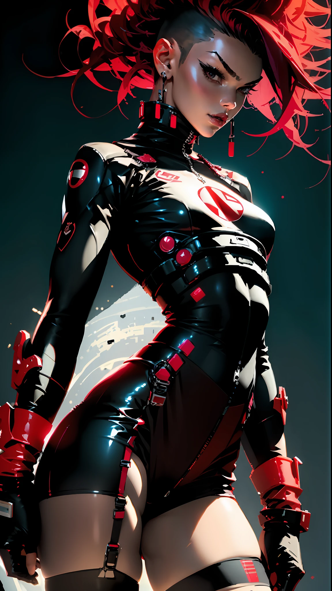 Woman body defined thick thighs parts of the covered by technological clothing, perfect ???????, generous neckline, black and red mohawk hair, short ?????????, garter belt