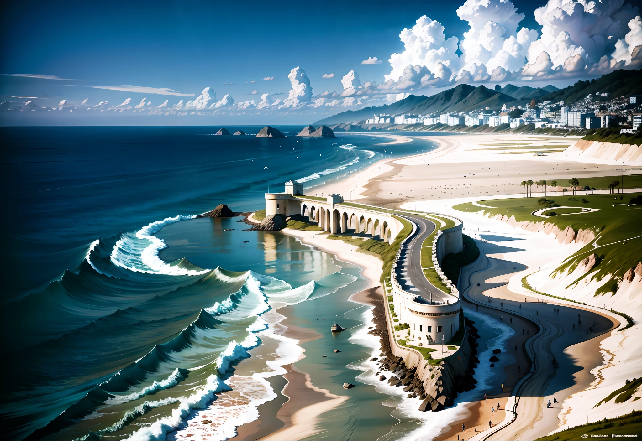 professional ultra quality photo Sea scape view, beautiful clouds, sunny day, award wining masterpiece, best quality, HDR, perfect perspective, perfect geometry, artistic lens, intricate details, intricately detailed busy image, Insane details, insane quality, best lighting, best Hollywood's postprocessing, F/4.5, 8mm lens, cinematic filters, perfect after detail, art by midjorney,