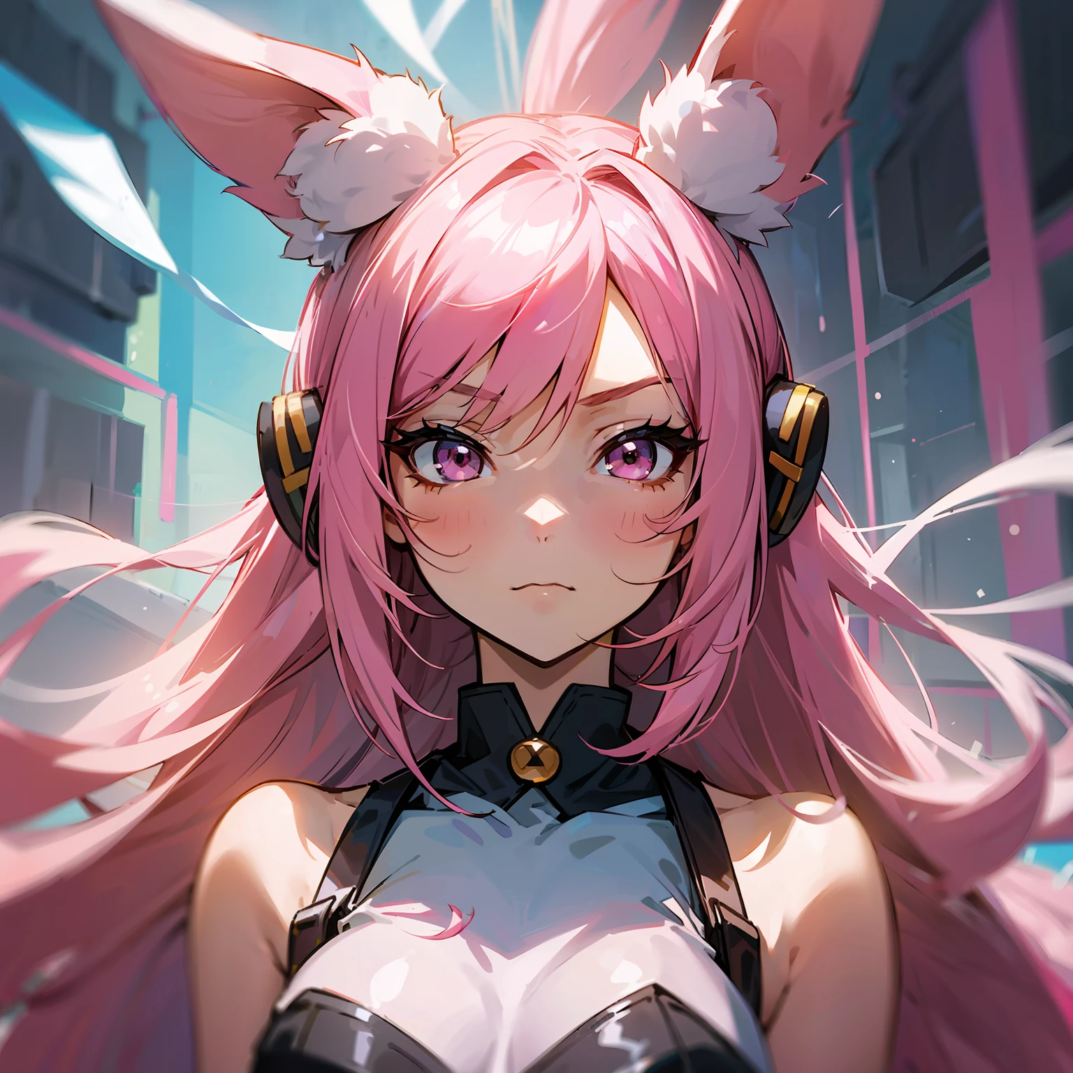 anime style, a closeup of a cartoon of a woman with ears and rabbit tail, with rabbit tail, with rabbit ears, girl design, mara, portrait, giesha, anime image, long hair, pink hair, hair covering ears, serious, exotic, tall --auto --s2