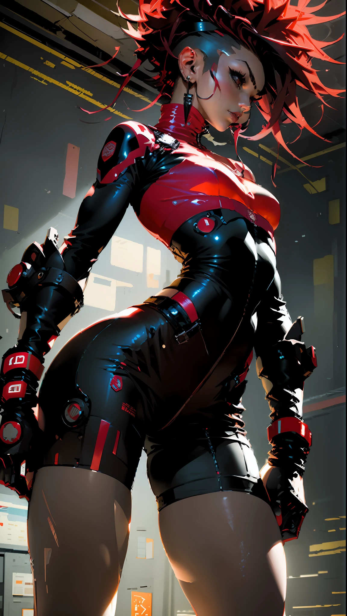 Woman body defined thick thighs parts of the covered by technological clothing, perfect breasts, generous neckline, black and red mohawk hair, short underwear, garter belt