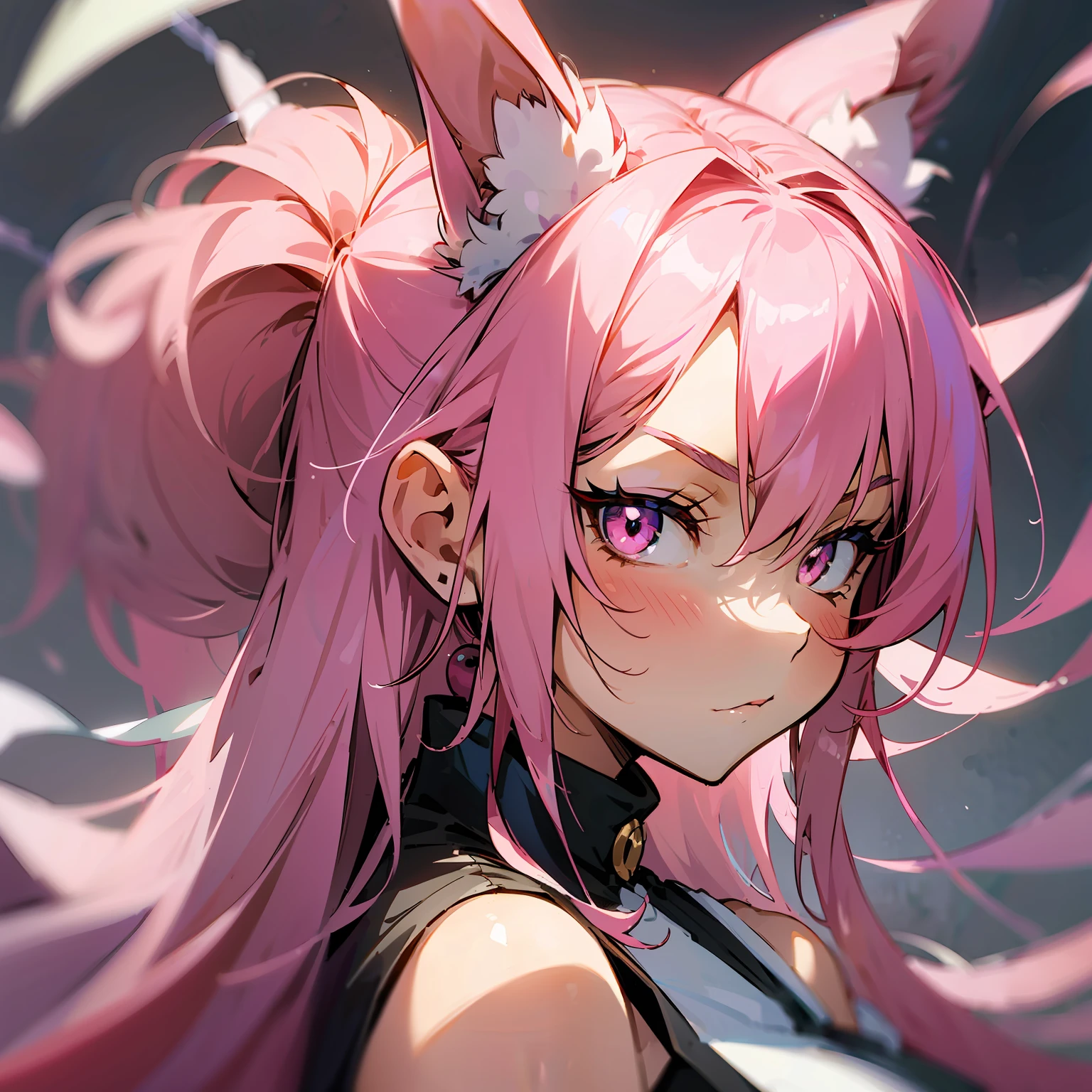 anime style, a closeup of a cartoon of a woman with ears and rabbit tail, with rabbit tail, with rabbit ears, girl design, mara, portrait, giesha, anime image, long hair, pink hair, hair covering ears, serious, exotic, tall --auto --s2
