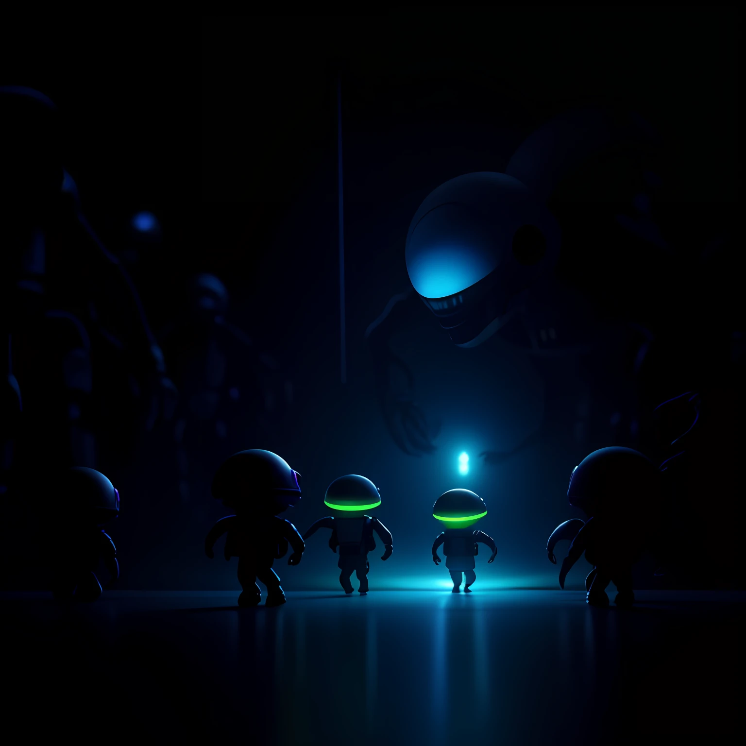 aliens are walking in a line in a dark room, an alien battle in space, 3 d render beeple, aliens in the background, sci-fi digital art illustration, sci-fi space game art, aliens vivid, alien army, xenomorphs, alien creatures scattered around, alien art, aliens, scifi illustration, populated with aliens and people