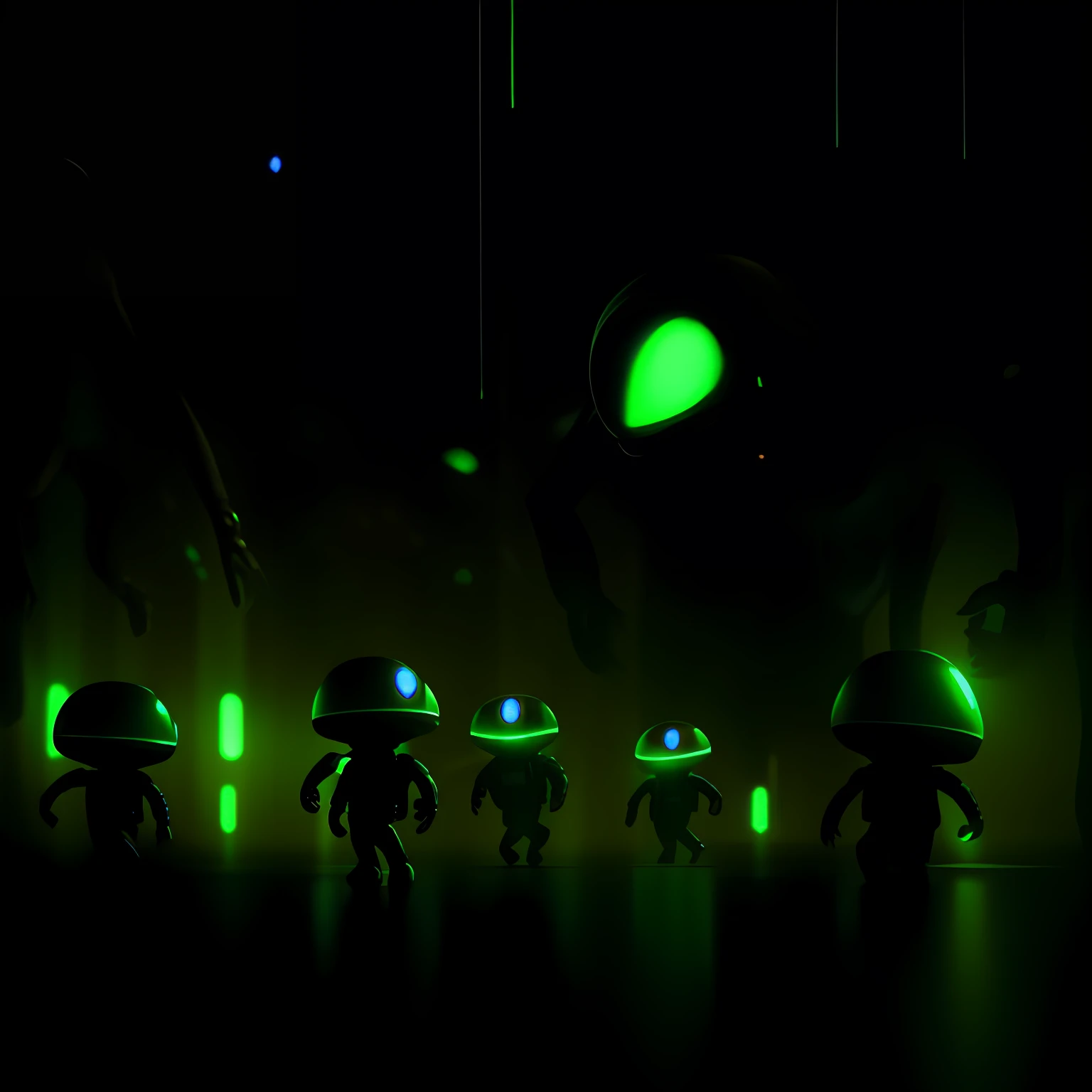 aliens are walking in a line in a dark room, an alien battle in space, 3 d render beeple, aliens in the background, sci-fi digital art illustration, sci-fi space game art, aliens vivid, alien army, xenomorphs, alien creatures scattered around, alien art, aliens, scifi illustration, populated with aliens and people