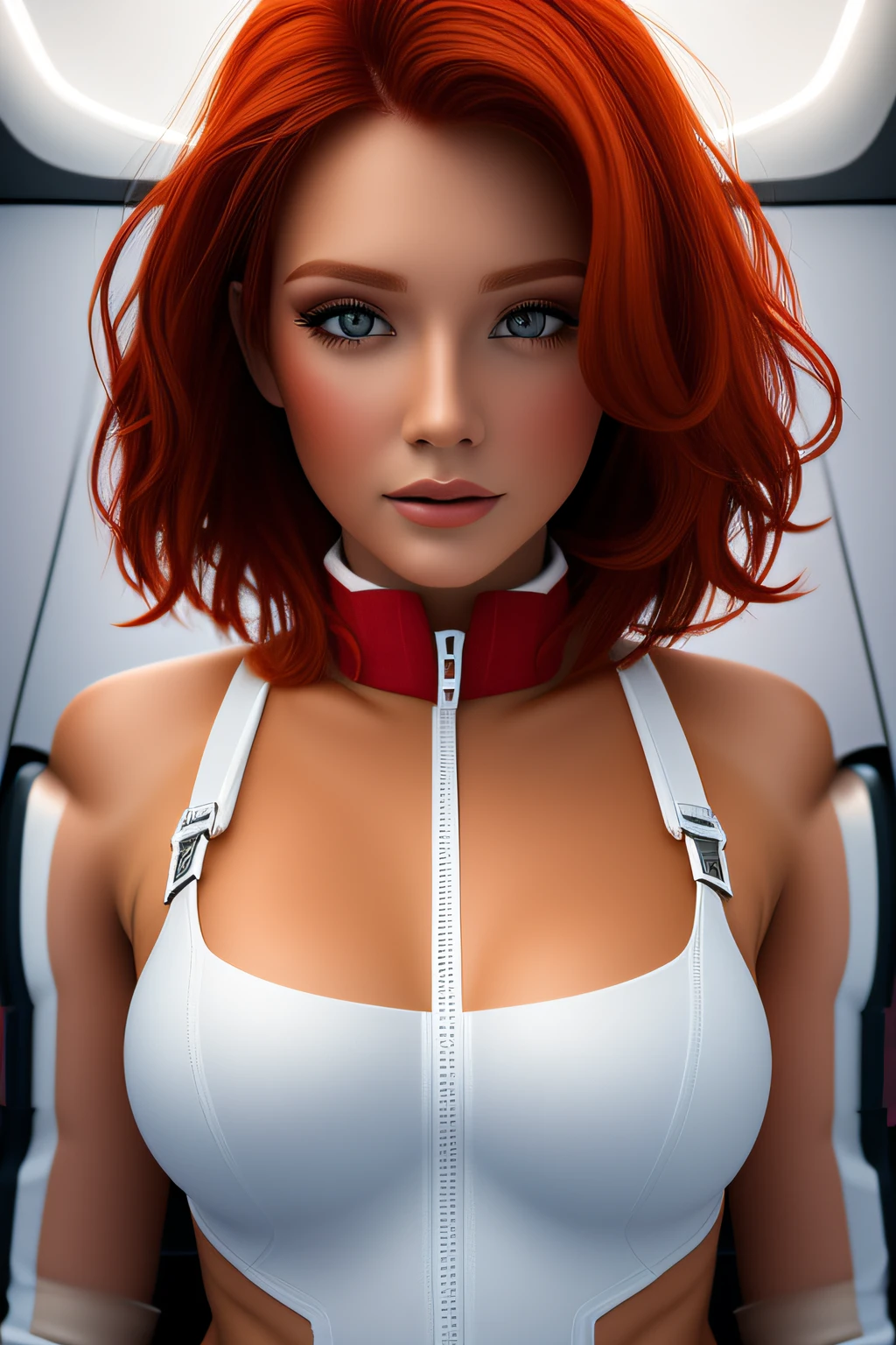 a portrait photography of a gorgeous redhead in open unbuttoned white space suit, cleavage, standing inside spaceship, attractive, flirting, looking at viewer, detailed skin, highly detailed, diffused soft lighting, hyperrealism, cinematic lighting