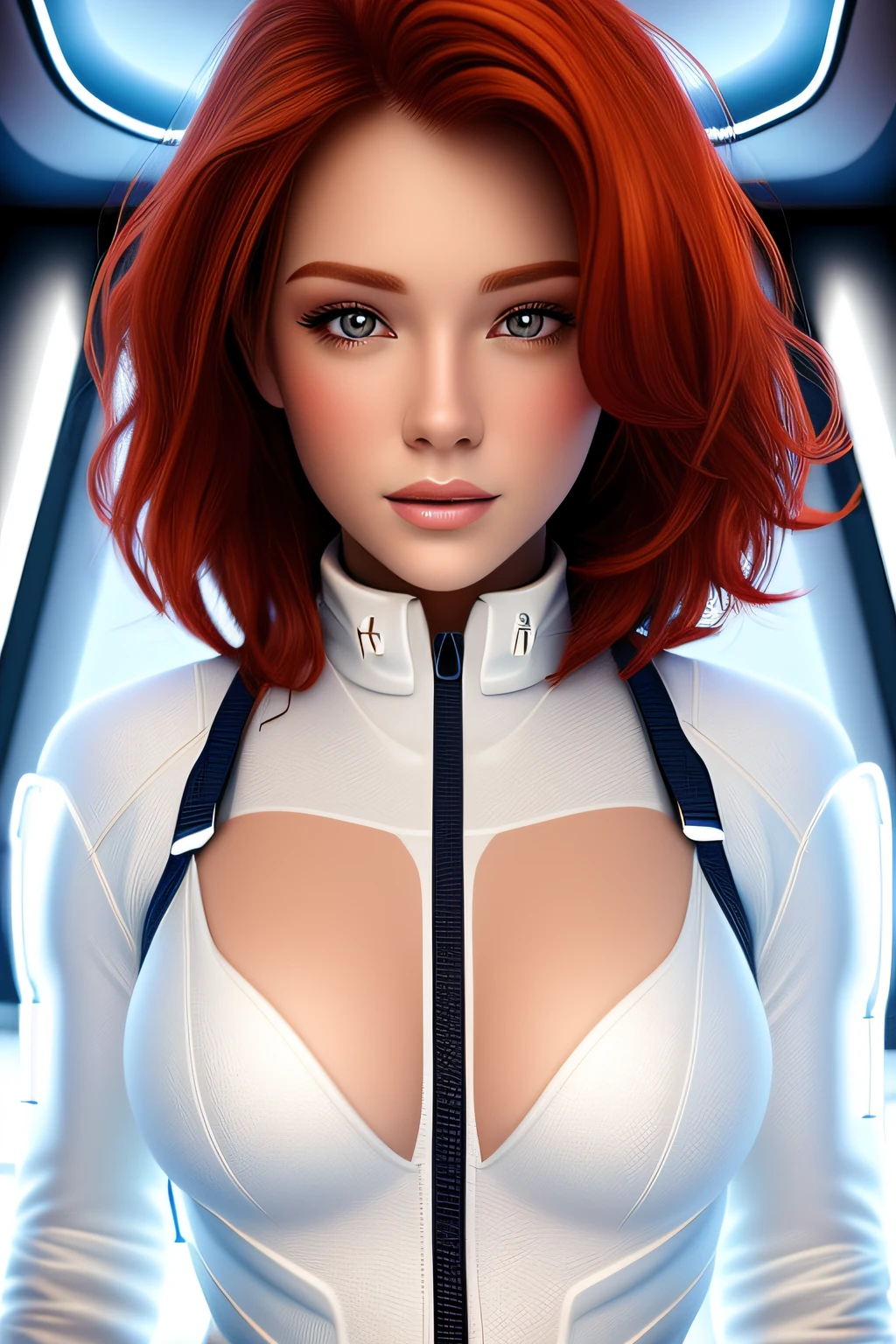 a portrait photography of a gorgeous redhead in open unbuttoned white space suit, cleavage, standing inside spaceship, attractive, flirting, looking at viewer, detailed skin, highly detailed, diffused soft lighting, hyperrealism, cinematic lighting