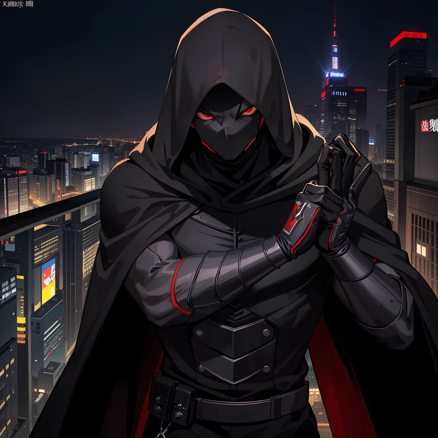 The highest quality, perfect masterpiece, perfect art, 8K, 1male, super hero, Japanese, long black cape, black hood, night, serious, cold, masked, red eyes, on top of a building, vigilant, trained physique, ninja style, black clothing all over the body, agile, silver armor, Tokyo, utility belt