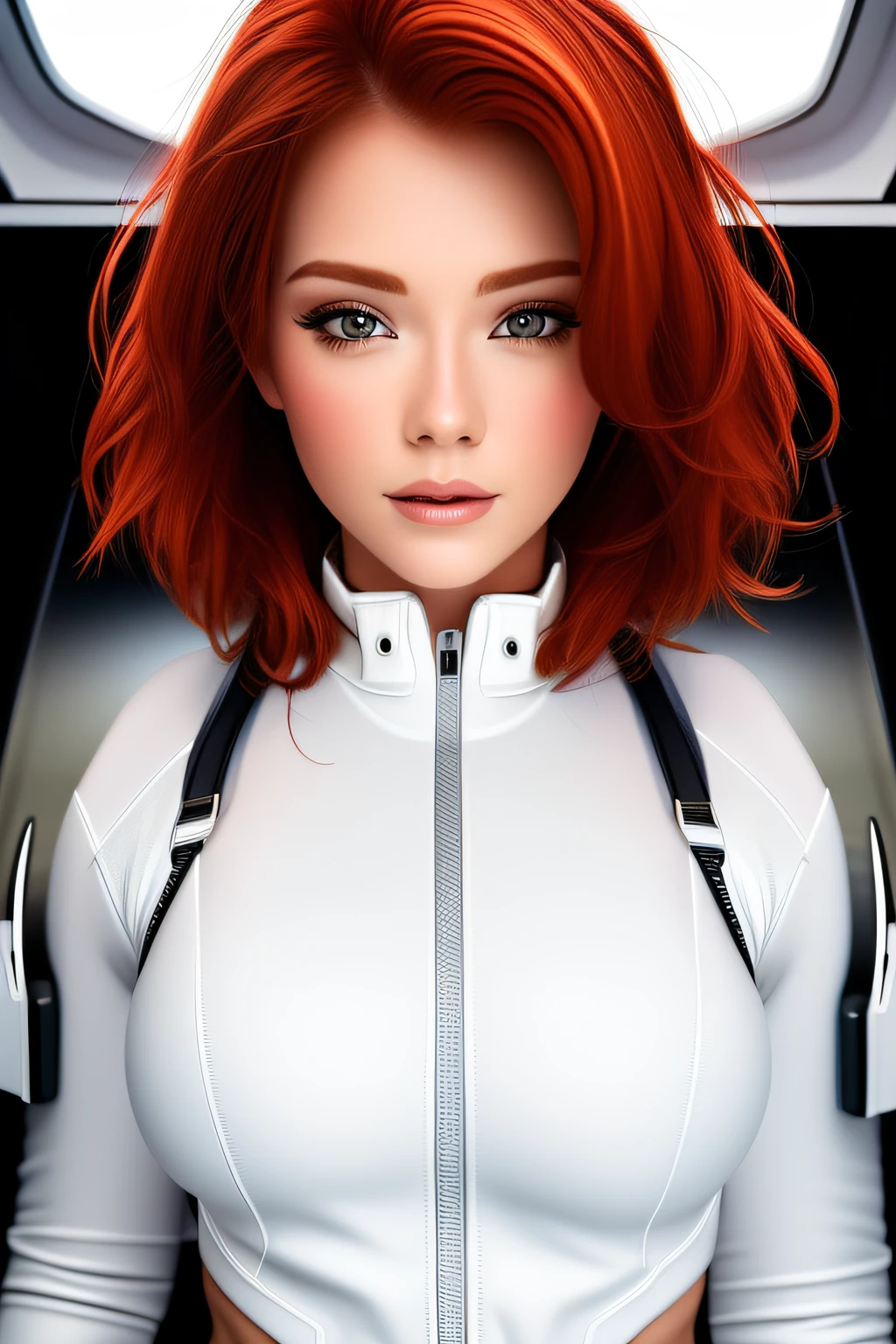 a portrait photography of a gorgeous redhead in open unbuttoned white space suit, cleavage, standing inside spaceship, attractive, flirting, looking at viewer, detailed skin, highly detailed, diffused soft lighting, hyperrealism, cinematic lighting