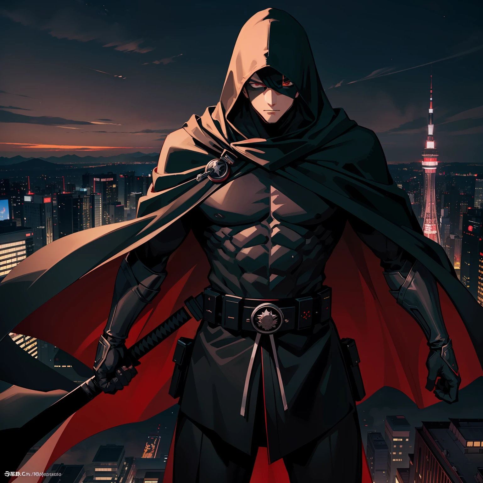 The highest quality, perfect masterpiece, perfect art, 8K, 1male, super hero, Japanese, long black cape, black hood, night, serious, cold, masked, red eyes, on top of a building, vigilant, trained physique, ninja style, black clothing all over the body, agile, silver armor, Tokyo, utility belt
