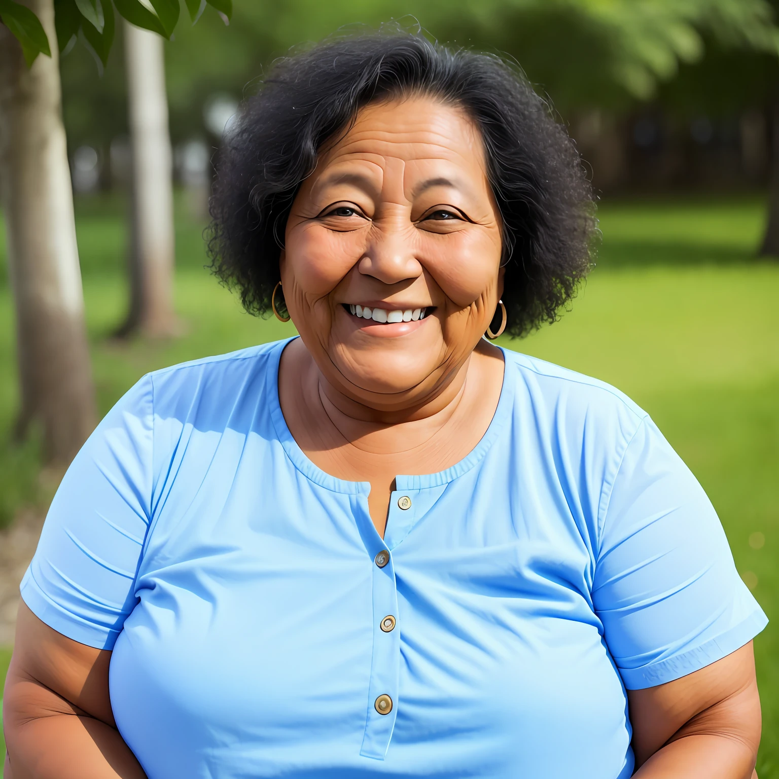 Portrait (50 year old woman 1.2) lady tanned skin, black hair, chubby, smiling