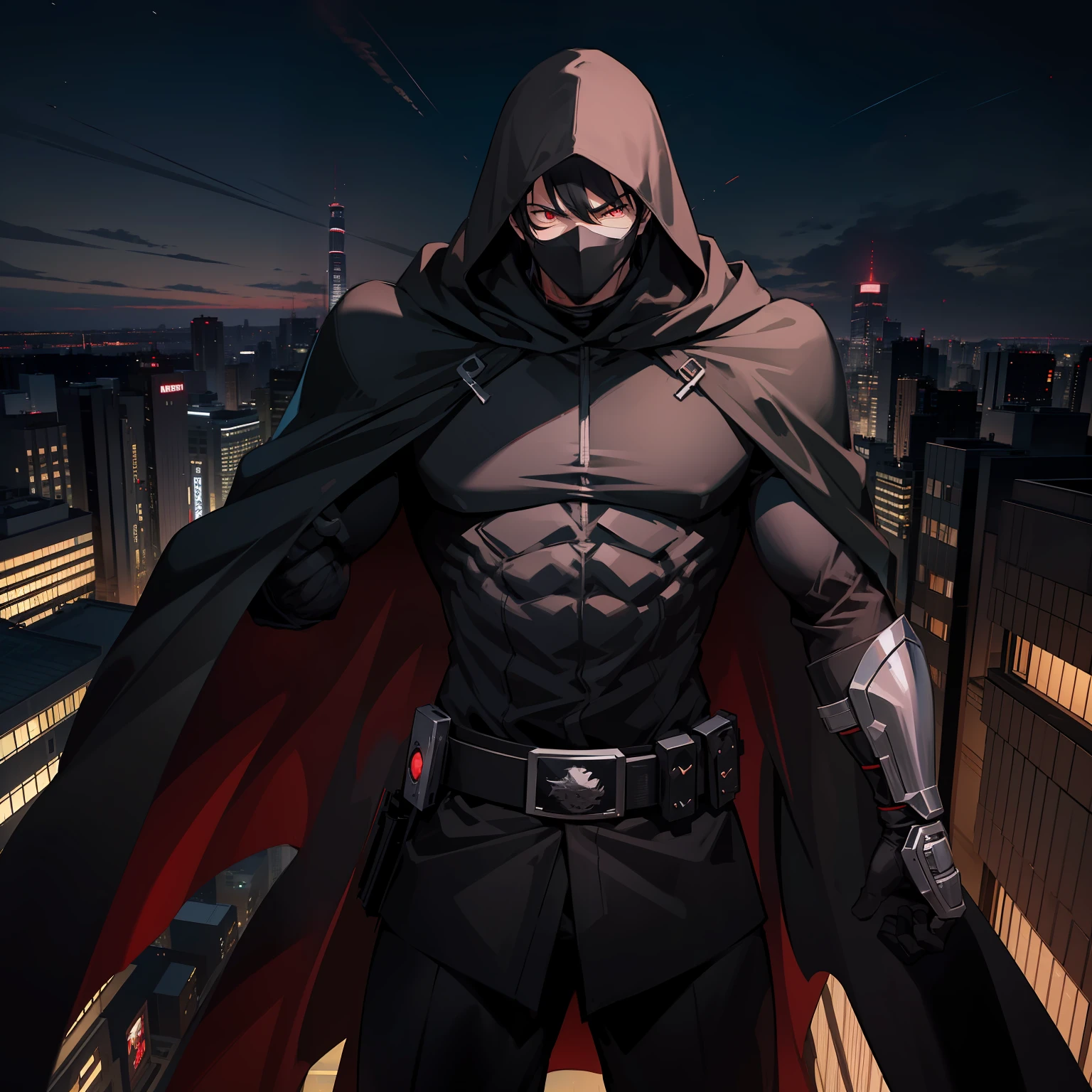The highest quality, the perfect masterpiece, perfect art, 8K, 1male, super hero, Japanese, long black cape, black hoodie, night, serious, cold, masked, red eyes, on top of a building, vigilante, trained physique, ninja style, black outfit all over the body, agile, silver armor, Tokyo, utility belt, Anime