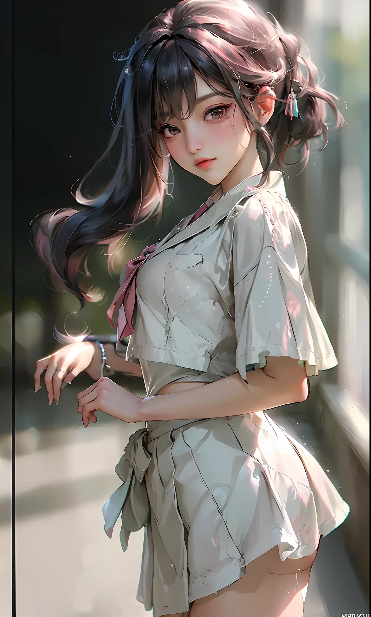 (8k, RAW photo, photorealistic:1.25) ,( lipgloss, eyelashes, gloss-face, glossy skin, best quality, ultra highres, depth of field, chromatic aberration, caustics, Broad lighting, natural shading,Kpop idol) looking at viewer with a serene and goddess-like happiness, highschool classroom, sailor uniform, mini skirt