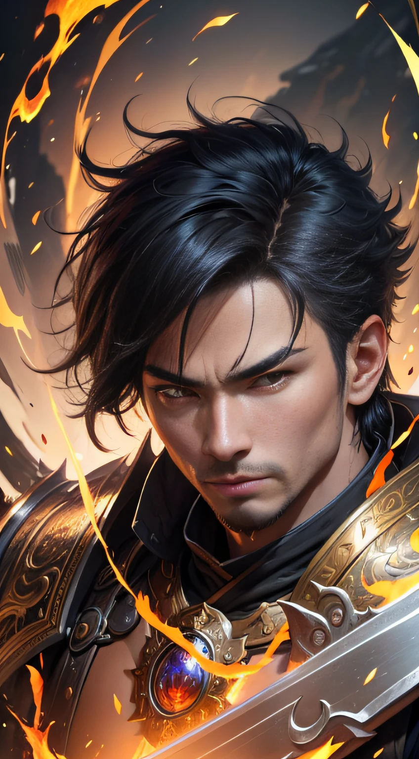 Young Warrior, man, short black hair shaved from the side, mark on the mystical text of light in the form of Dragon, aura of power throughout the body, action scene, sword on fire. Highly detailed eyes, golden light effects, dragon scale armor. a closeup of a man holding a sword in a fire, male warrior, 4k detail fantasy, by Yang J, chengwei pan on artstation, ross tran 8k, fantasy art behance, extremely detailed artgerm, fantasy warrior, hyper-detailed fantasy character, epic fantasy digital art style, artgerm detailed, wlop and ross tran, hyper detailed dragon eyes,  dilated pupils, snake pupils, amber eyes, modern, cinematic lighting, diffraction spikes, Hasselblad, UHD, masterpiece, super detail, best quality, 1080P, 8k