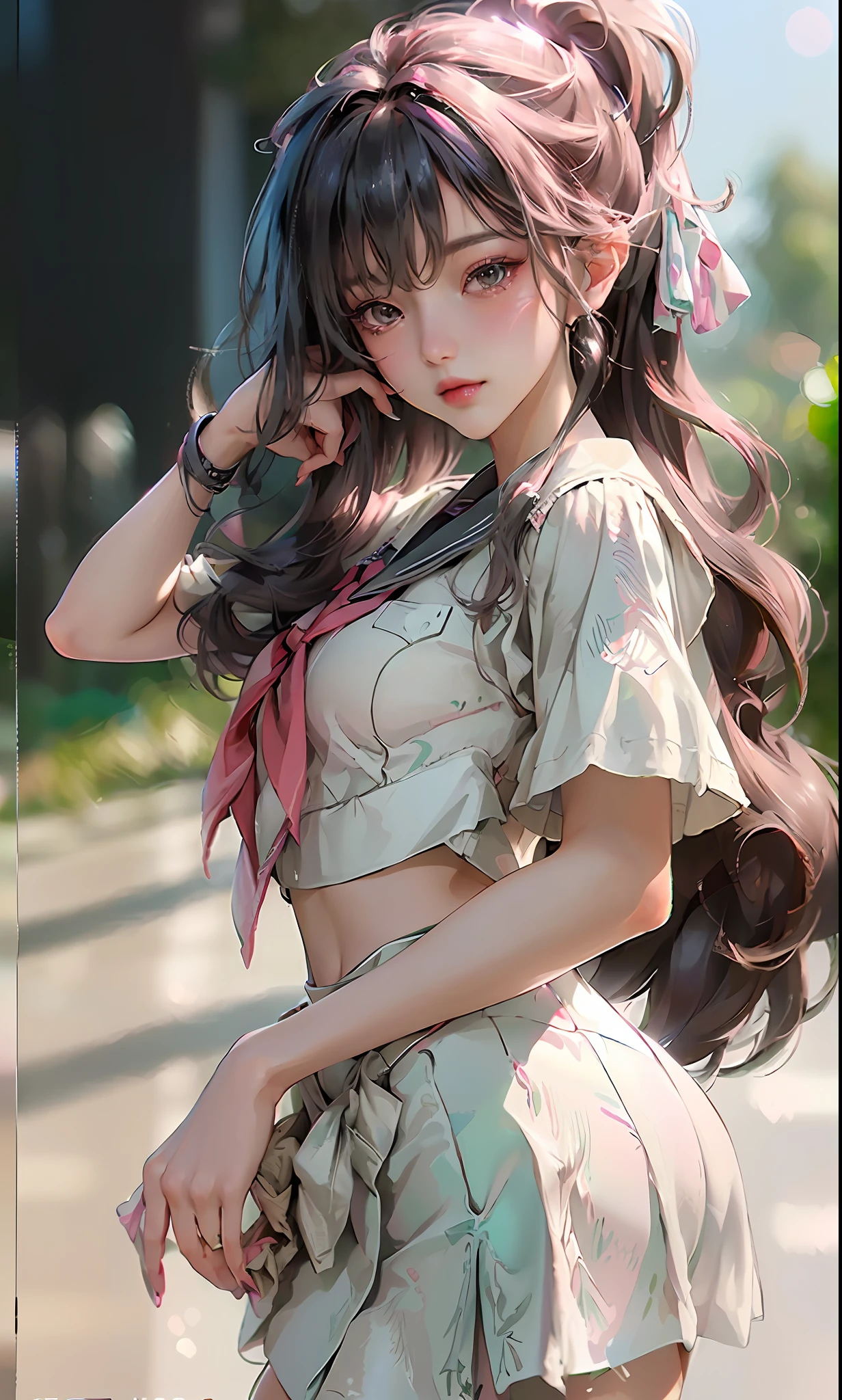 (8k, RAW photo, photorealistic:1.25) ,( lipgloss, eyelashes, gloss-face, glossy skin, best quality, ultra highres, depth of field, chromatic aberration, caustics, Broad lighting, natural shading,Kpop idol) looking at viewer with a serene and goddess-like happiness, highschool classroom, sailor uniform, mini skirt