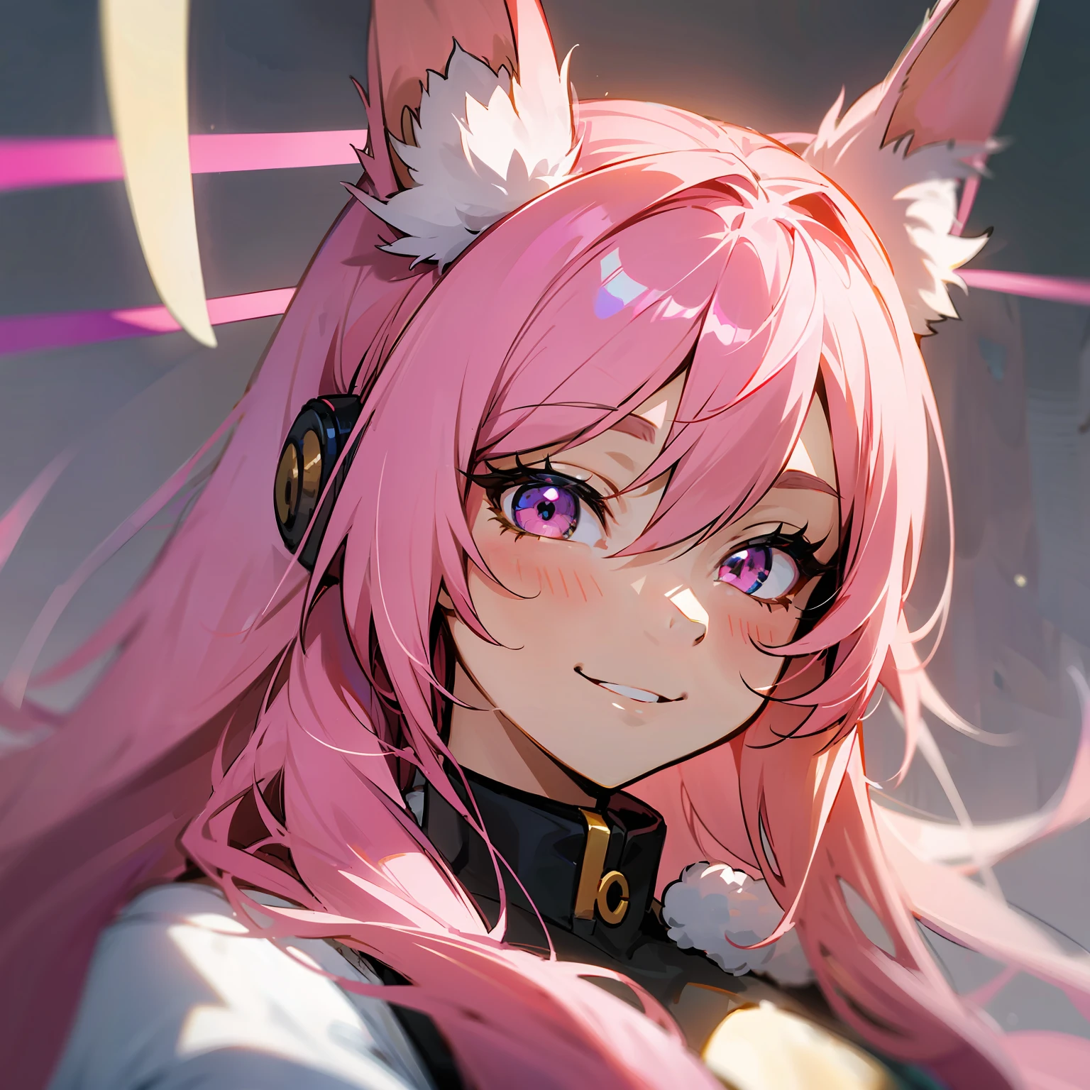 anime style, a closeup of a cartoon of a woman with ears and rabbit tail, with rabbit tail, with rabbit ears, girl design, mara, portrait, giesha, anime image, long hair, pink hair, hair covering ears, smiling, exotic, tall --auto --s2