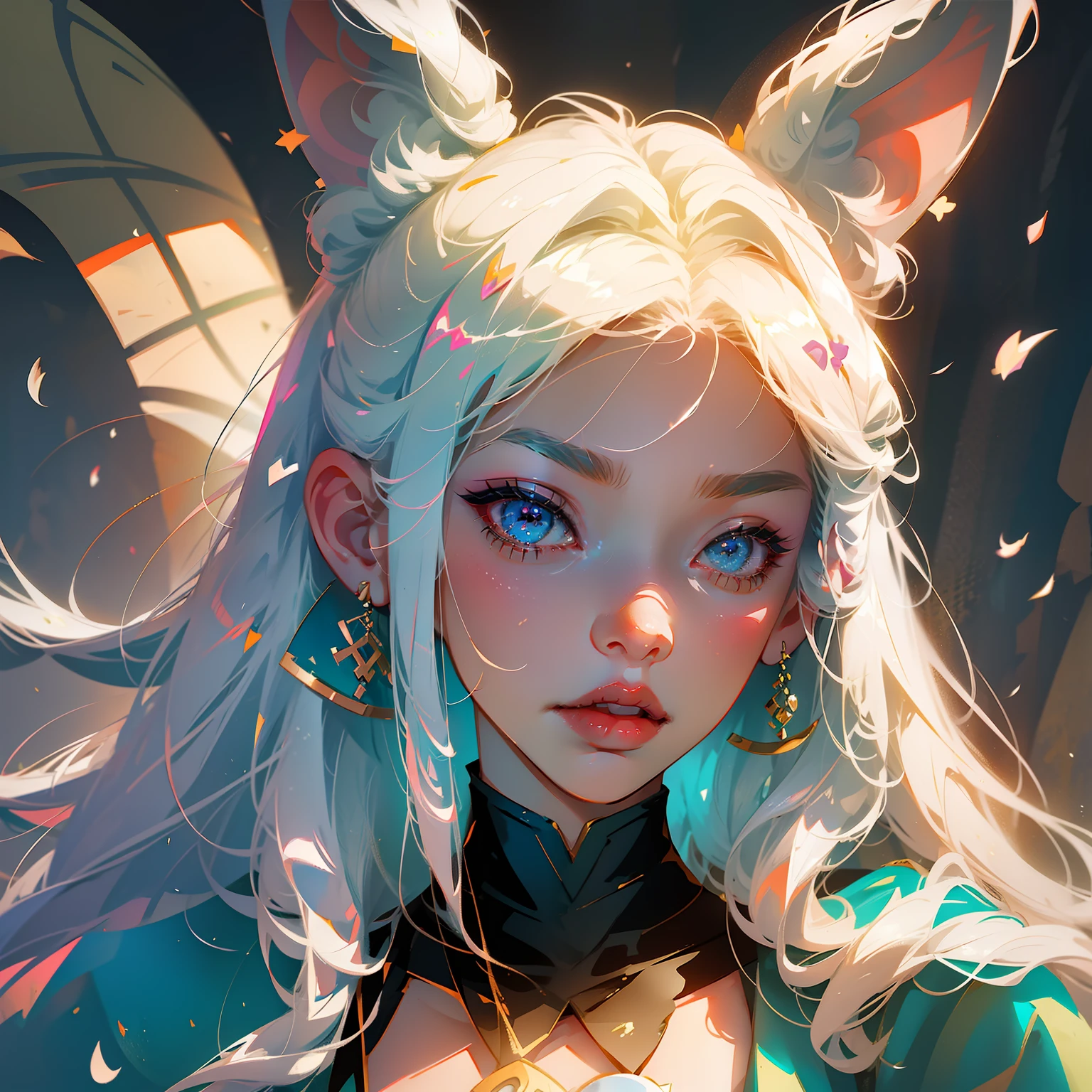 anime style, a closeup of a cartoon of a woman with ears and rabbit tail, with rabbit tail, with rabbit ears, girl design, mara, portrait, giesha, anime image, long hair, white hair, hair covering ears, laughing, exotic, tall --auto --s2