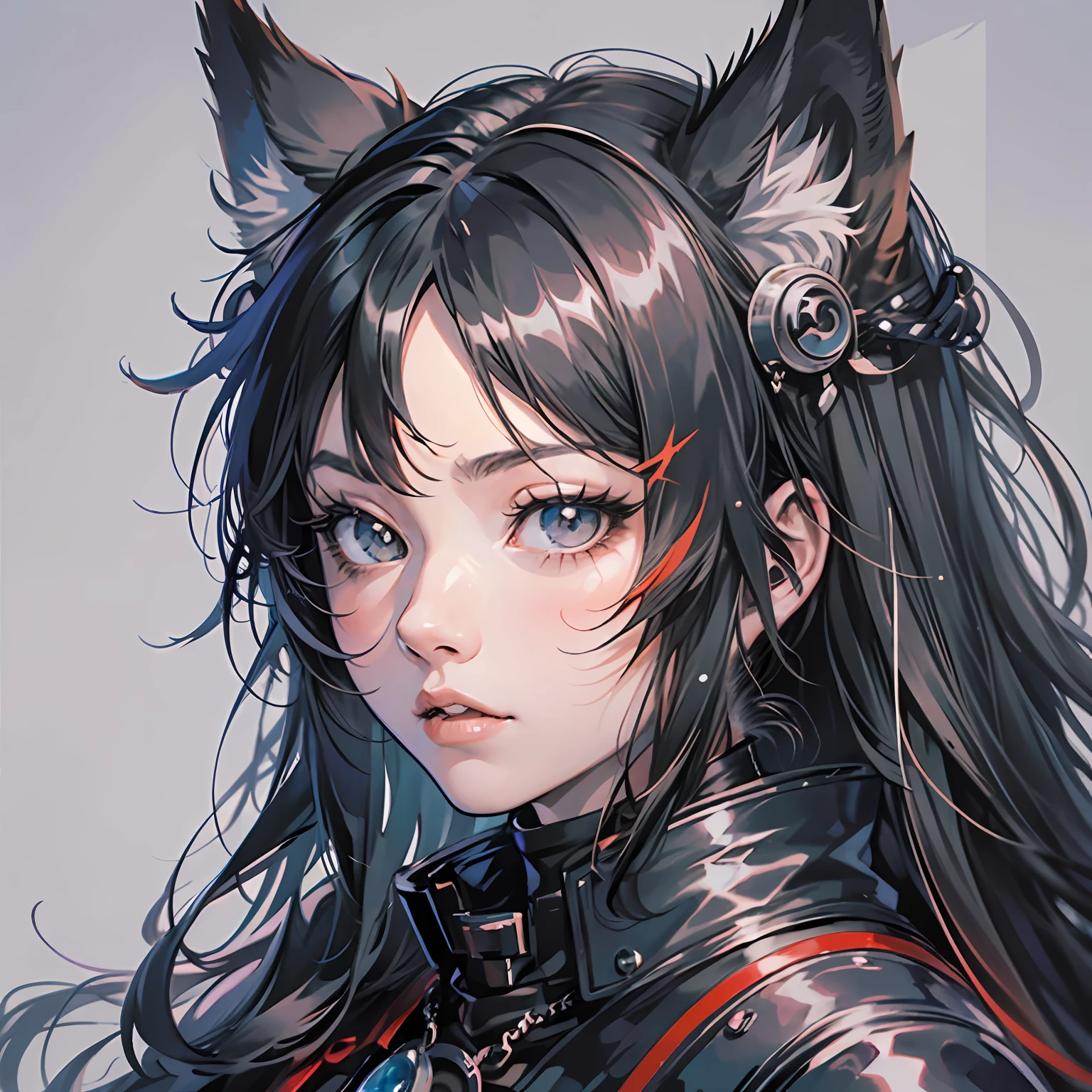 anime style, a closeup of a cartoon of a woman with ears and wolf tail, with wolf tail, with wolf ears, girl design, mara, portrait, giesha, anime image, long hair, black hair, hair covering ears, serious, exotic, tall --auto --s2