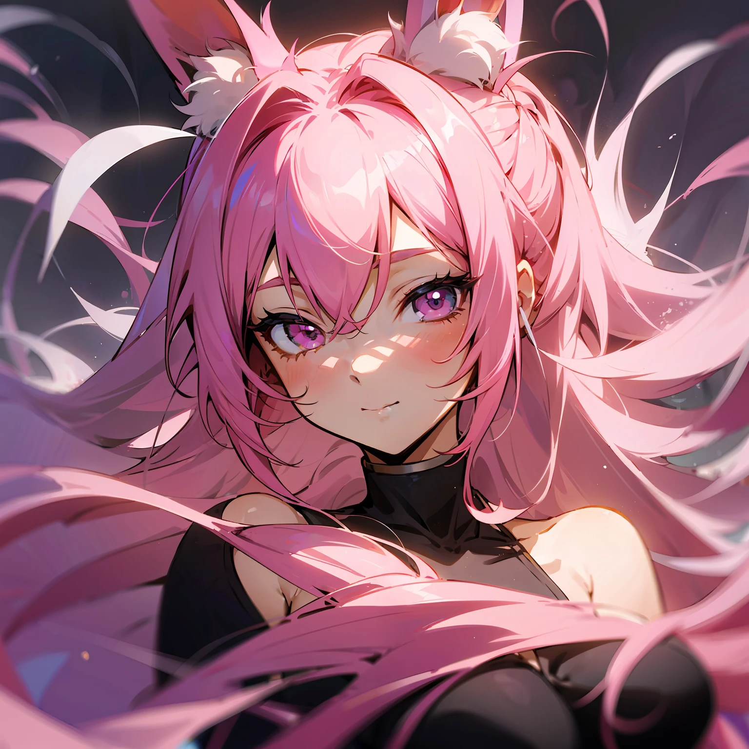 anime style, a closeup of a cartoon of a woman with ears and rabbit tail, with rabbit tail, with rabbit ears, girl design, mara, portrait, giesha, anime image, long hair, pink hair, hair covering ears, happy, exotic, tall --auto --s2