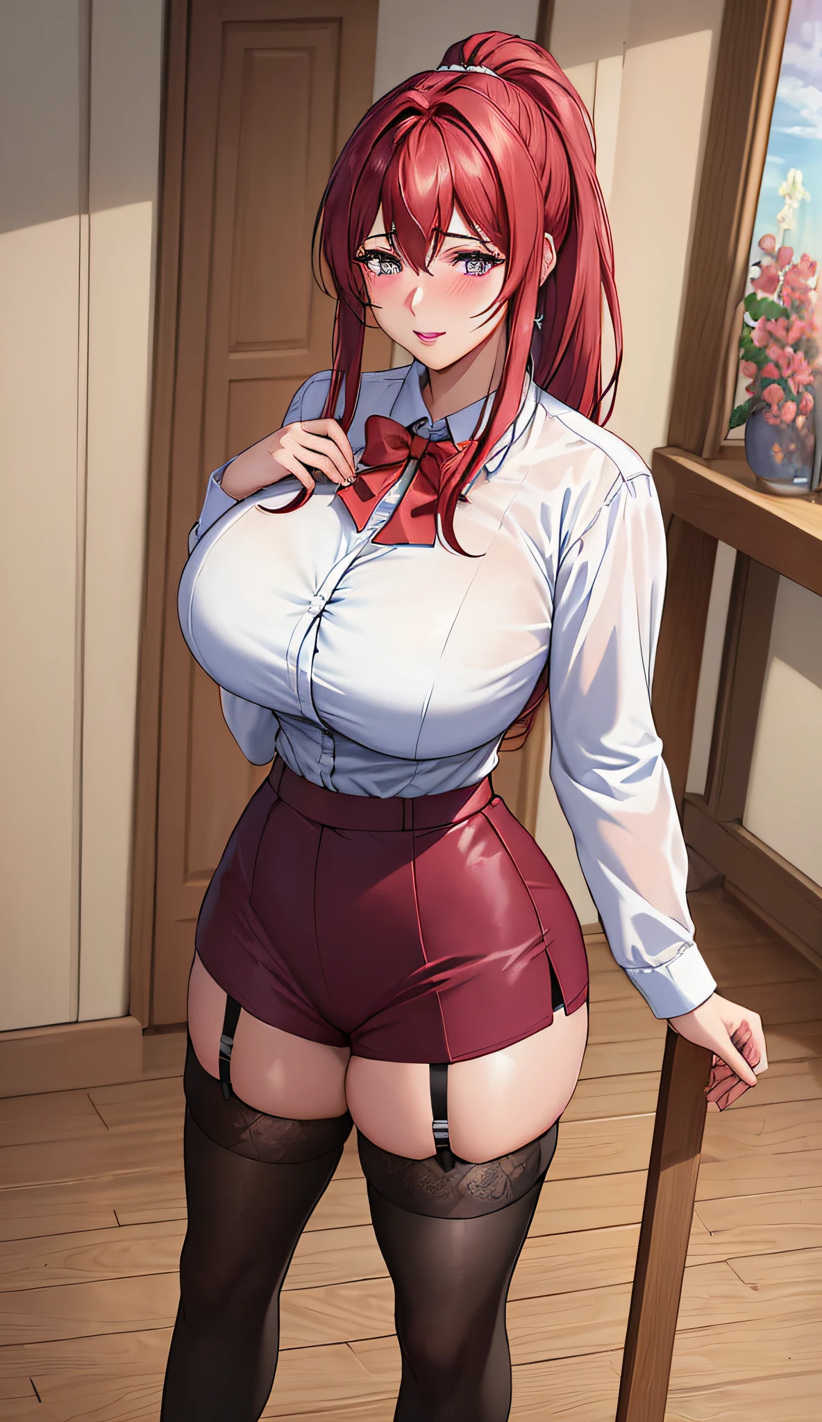 (Masterpiece, Best Quality, High Quality:1.4), professional artwork, Intricate Details, field of view, sharp focus, detailed painting, masterpiece, cinematic lighting, trending on pixiv, (vivid lighting, vibrant colors, by by Nagasawa Rosetsu:1.05),
Hiroko Takashiro, (mature female, milf:1.1), solo, (curvy:1.1), standing, (full body shot:1.1),
(red hair:1.05), long hair, high ponytail, lipstick, makeup, ultra detail hair, ultra detail face, (purple eyes:1.05), perfect eyes, perfect face, (confused, blush:1.2),
shirt, (black thighhighs, garter belt:1.1), zettai ryouiki, pleated skirt, green skirt, white shirt, highheels,
(Large Breasts:1.1), Cleavage, big ass, thighs,